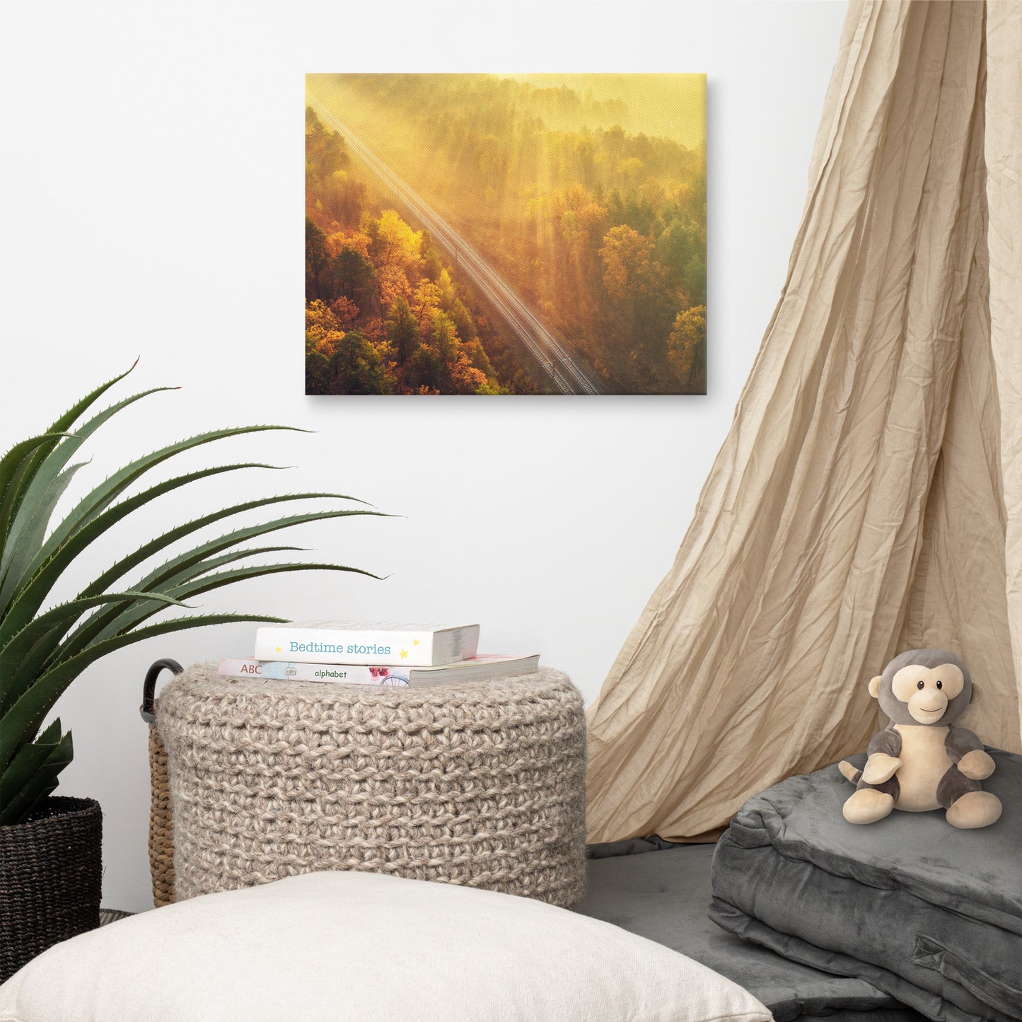 Sunrise Railroad Though Misty Forest With Golden Haze Effect Landscape Photo Canvas Wall Art Prints