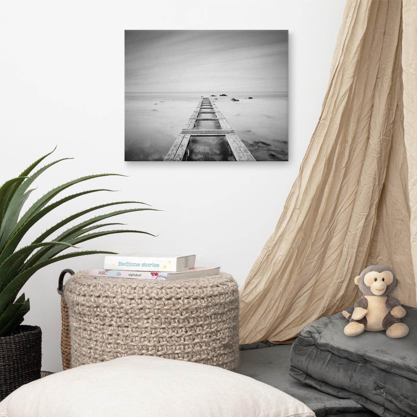 Moody Ocean and Sky Wooden Pier Landscape Photo Canvas Wall Art Prints