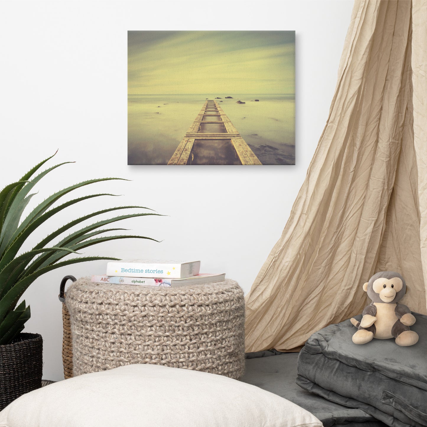 Moody Ocean and Sky Wooden Pier Landscape Photo Canvas Wall Art Prints