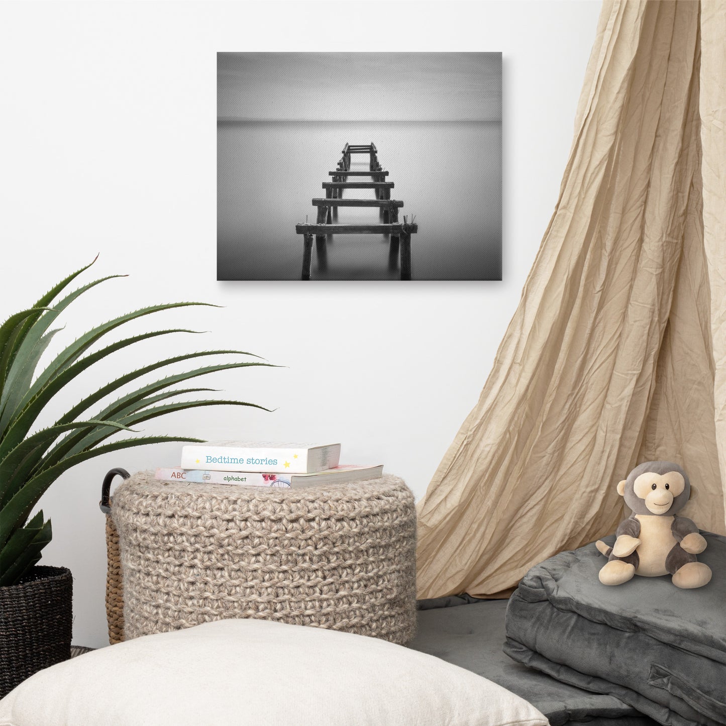 Soft Lake and Abandoned Pier Black and White Landscape Photo Canvas Wall Art Prints