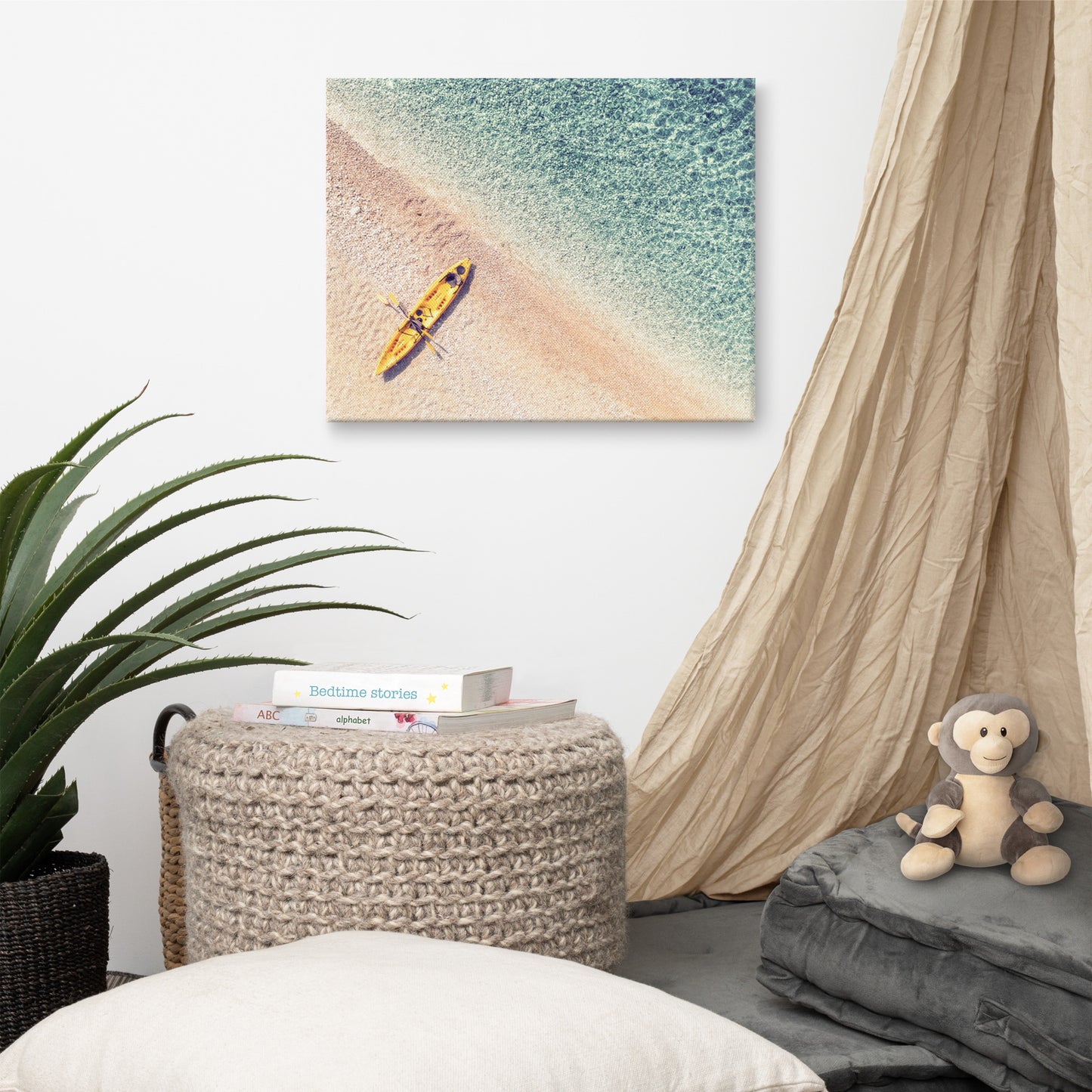 Yellow Canoe and Blue Sea with Violet Glow Effect Landscape Photo Canvas Wall Art Prints