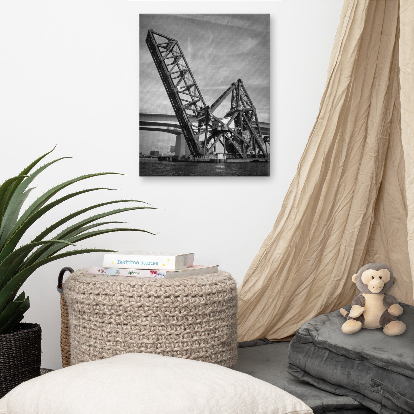 Train Drawbridge Jacksonville 2 Black and White Canvas Wall Art Print