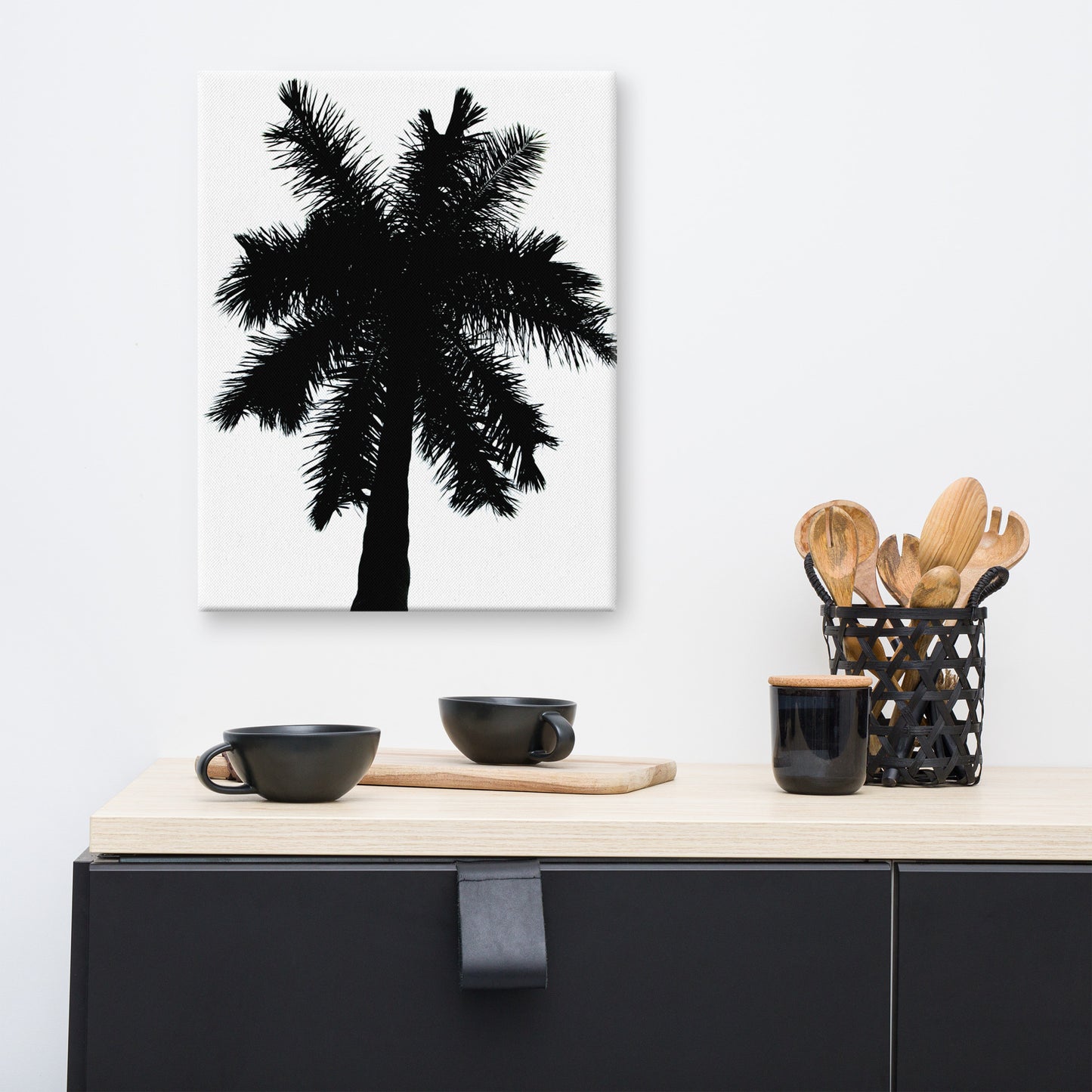 Palm Tree Silhouette on Pure White Botanical Nature Canvas Wall Art Print