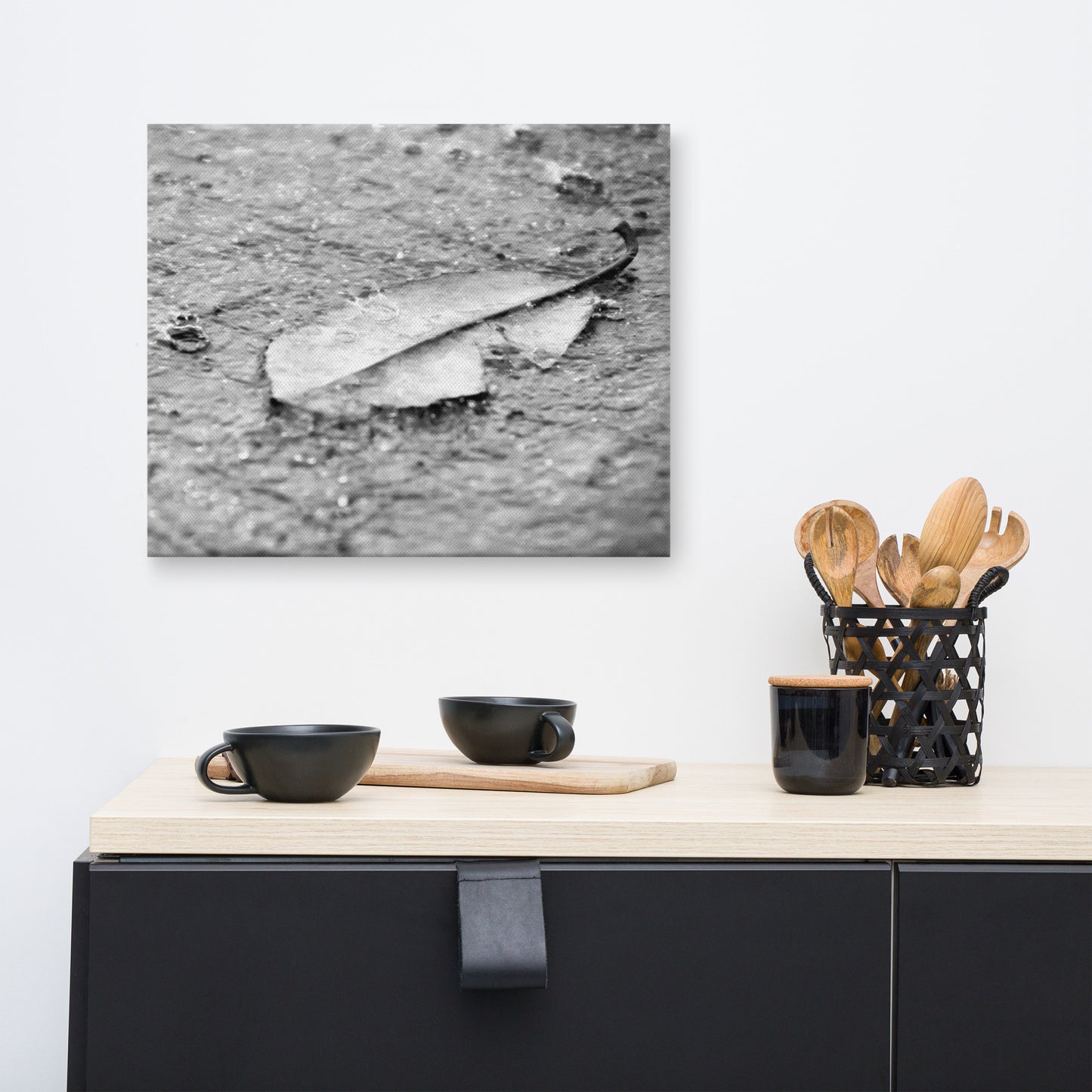 Fallen Leaf in The Rain Black and White Floral Nature Canvas Wall Art Prints