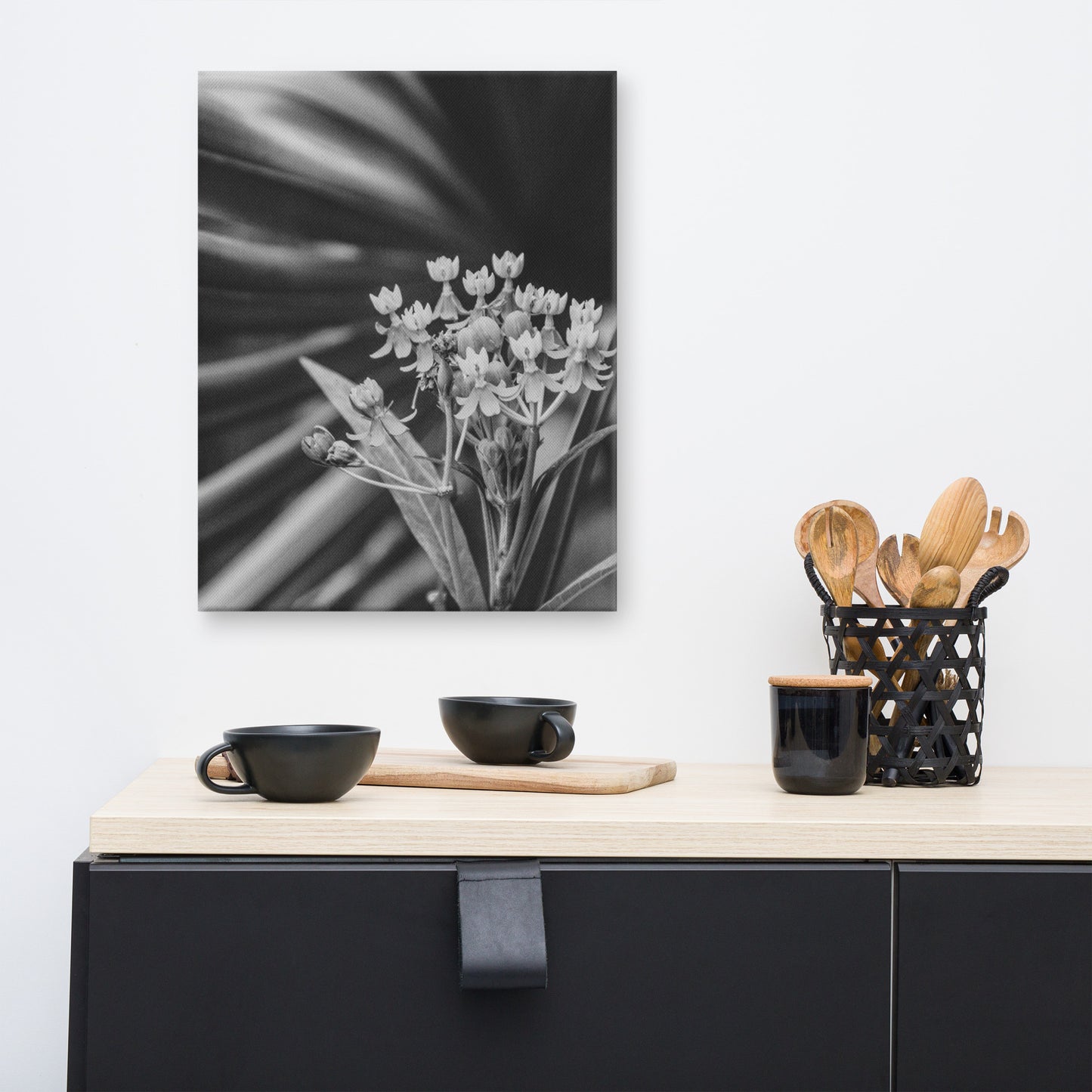 Bloodflowers and Palm Black and White Floral Botanical Nature Photograph Canvas Wall Art Prints