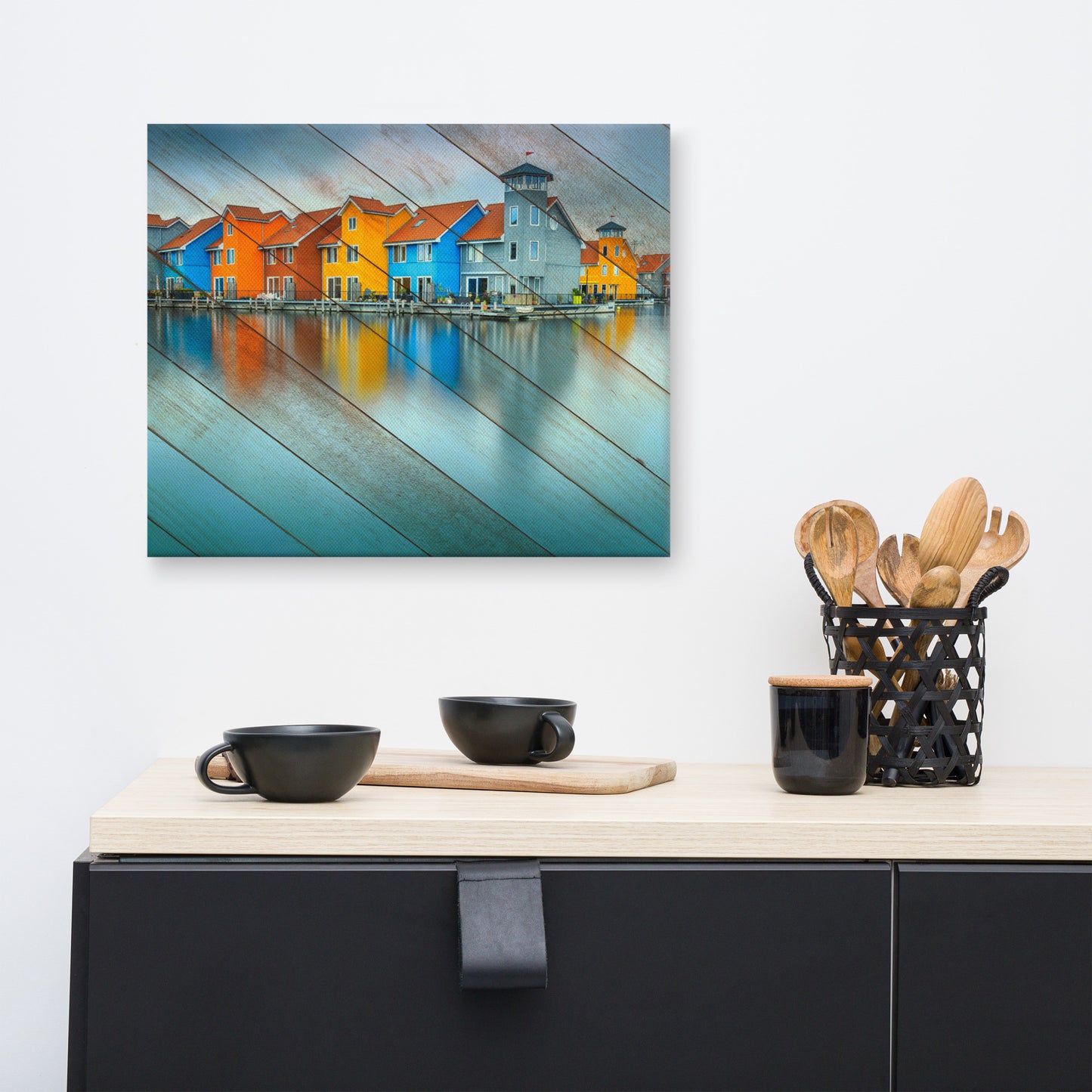 Faux Wood Blue Morning at Waters Edge Coastal Landscape Canvas Wall Art Prints