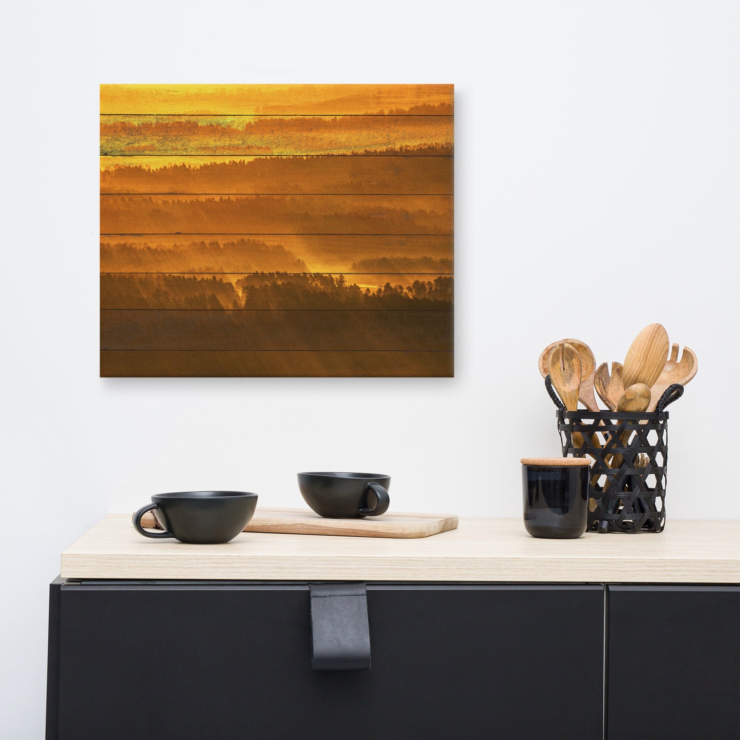 Faux Wood Golden Mist Valley - Hills & Mountain Range Rural Landscape Canvas Wall Art Prints