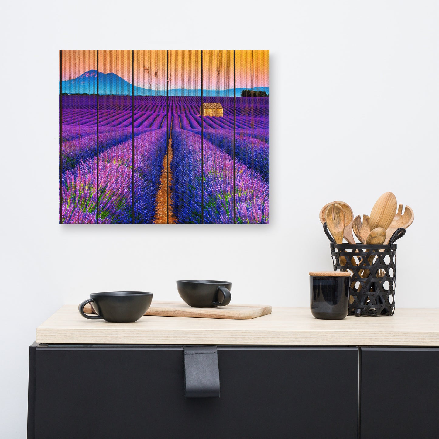 Faux Wood Lavender Fields and Sunset Farmhouse Style Floral Landscape Photograph Canvas Wall Art Prints