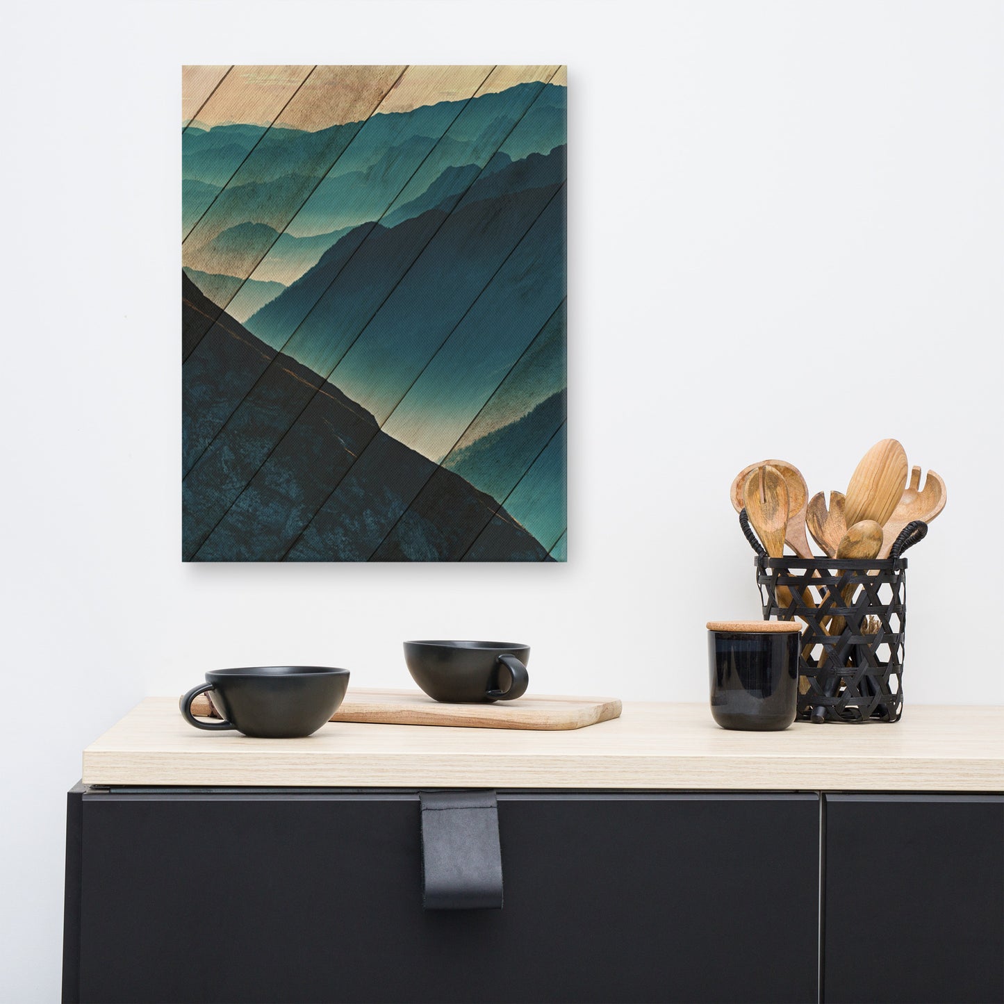 Faux Wood Misty Blue Silhouette Mountain Range Rural Landscape Canvas Wall Art Prints