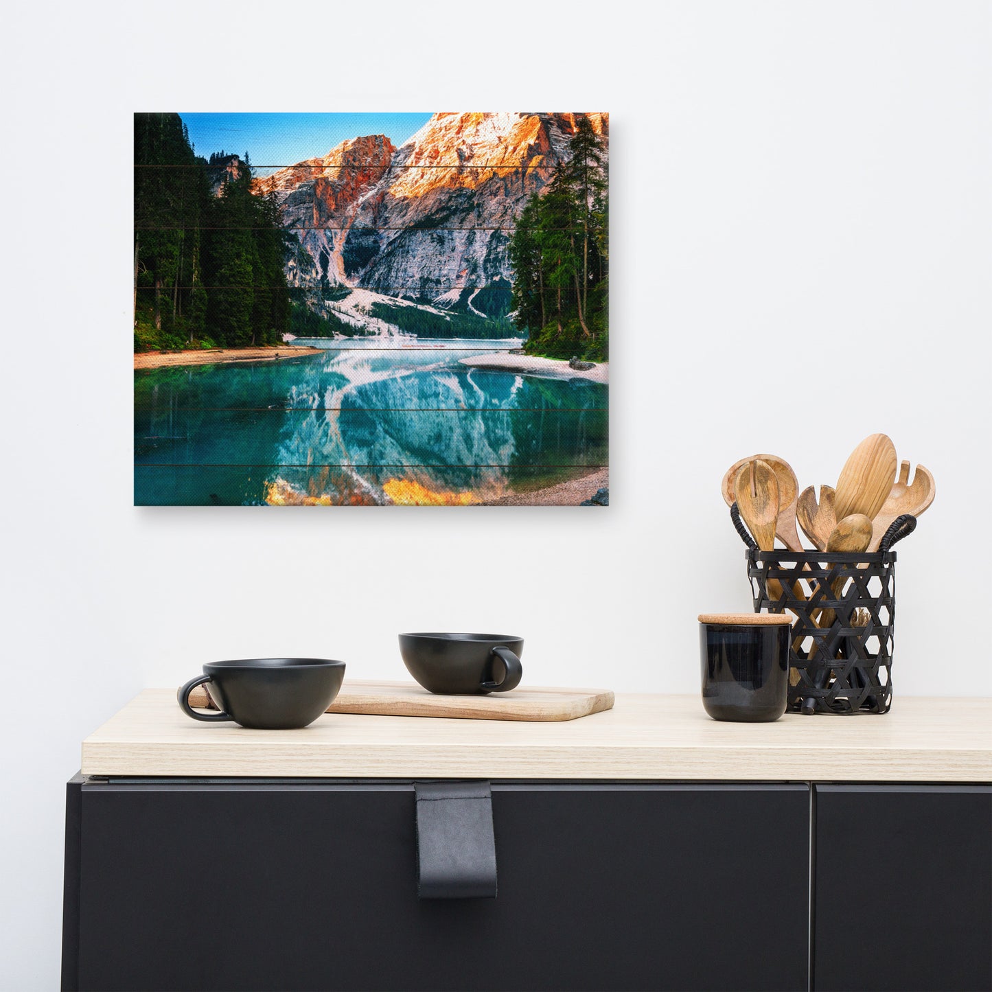 Faux Wood Misty Lake and Snowcap Mountain Reflections Rural Landscape Canvas Wall Art Prints
