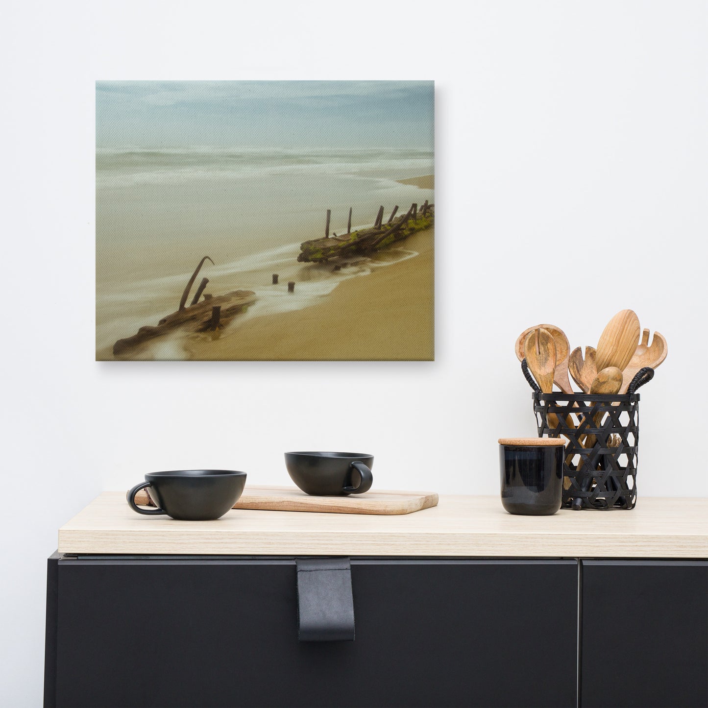 Misty Shipwreck on the Beach Coastal Landscape Canvas Wall Art Prints