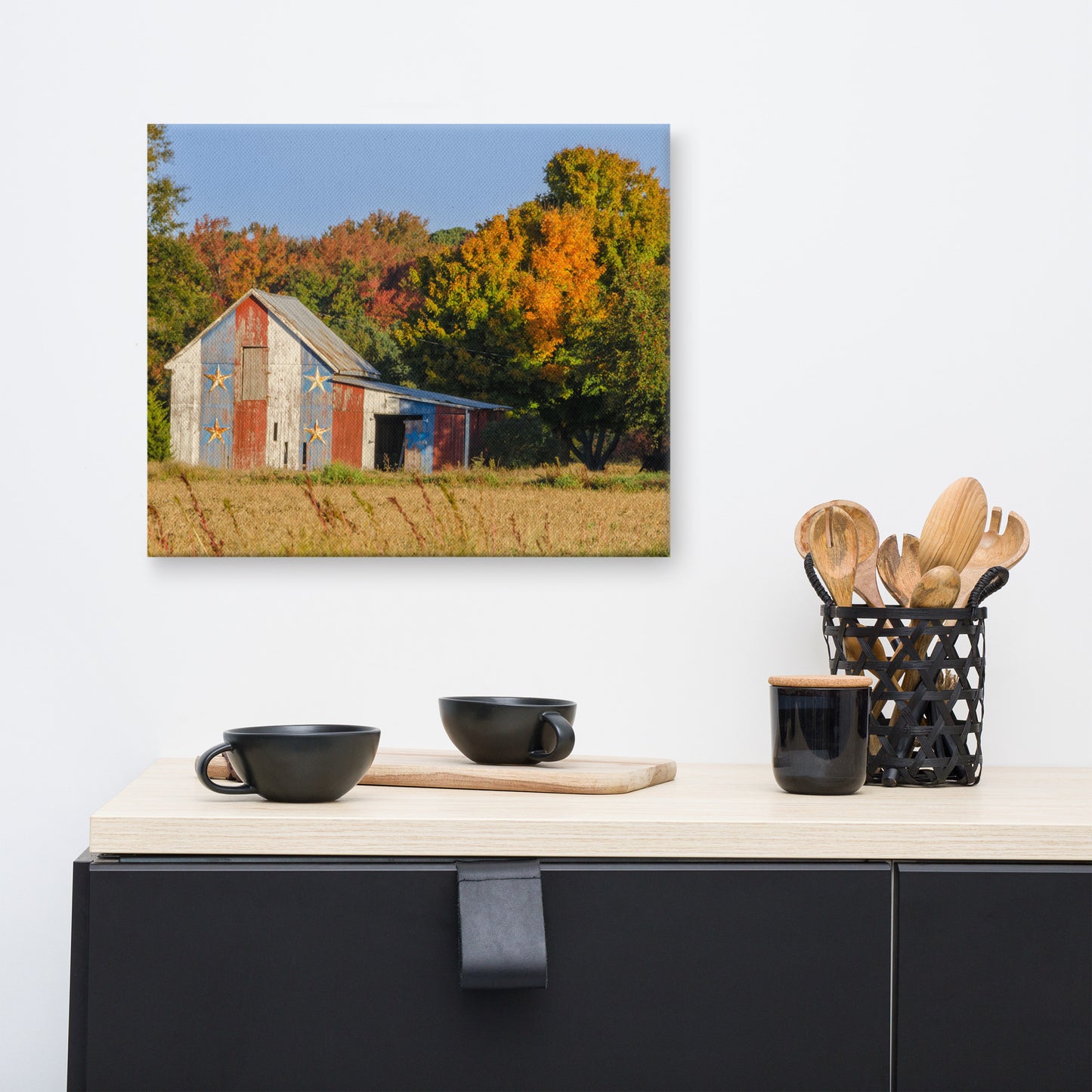 Patriotic Barn in Field Color Rural Landscape Photograph Canvas Wall Art Prints