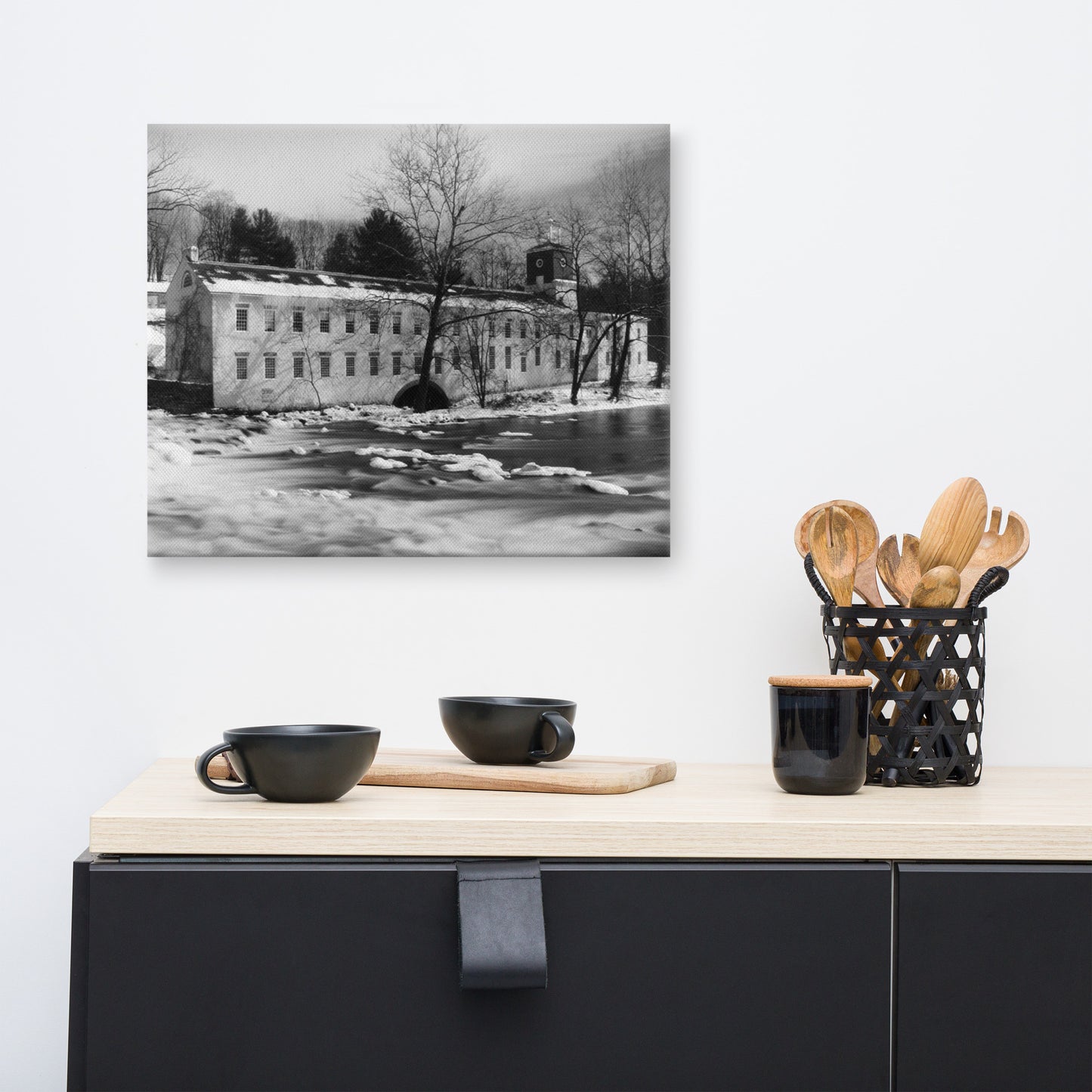 Winter at Powder Mill Black and White Rural Landscape Canvas Wall Art Prints