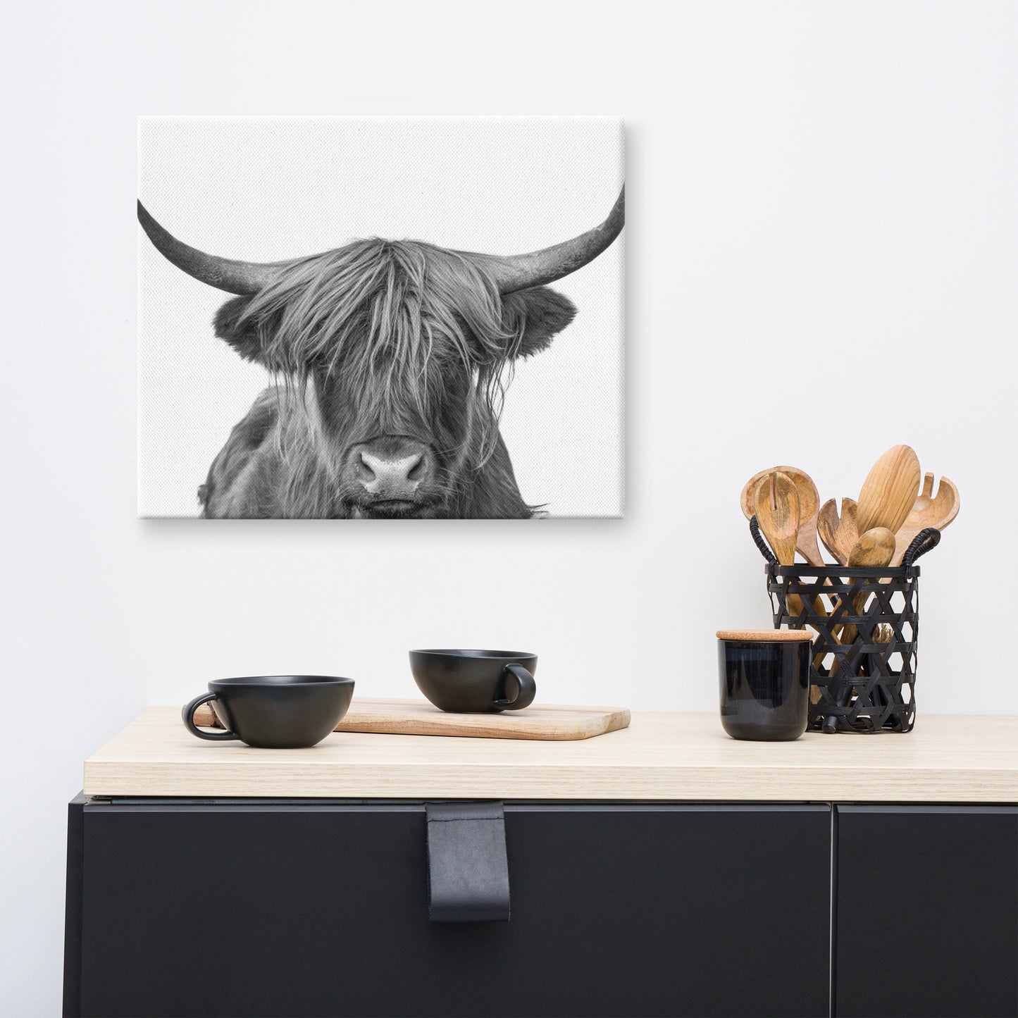 Highland Cow Black and White Wildlife / Animal Photograph Canvas Wall Art Print