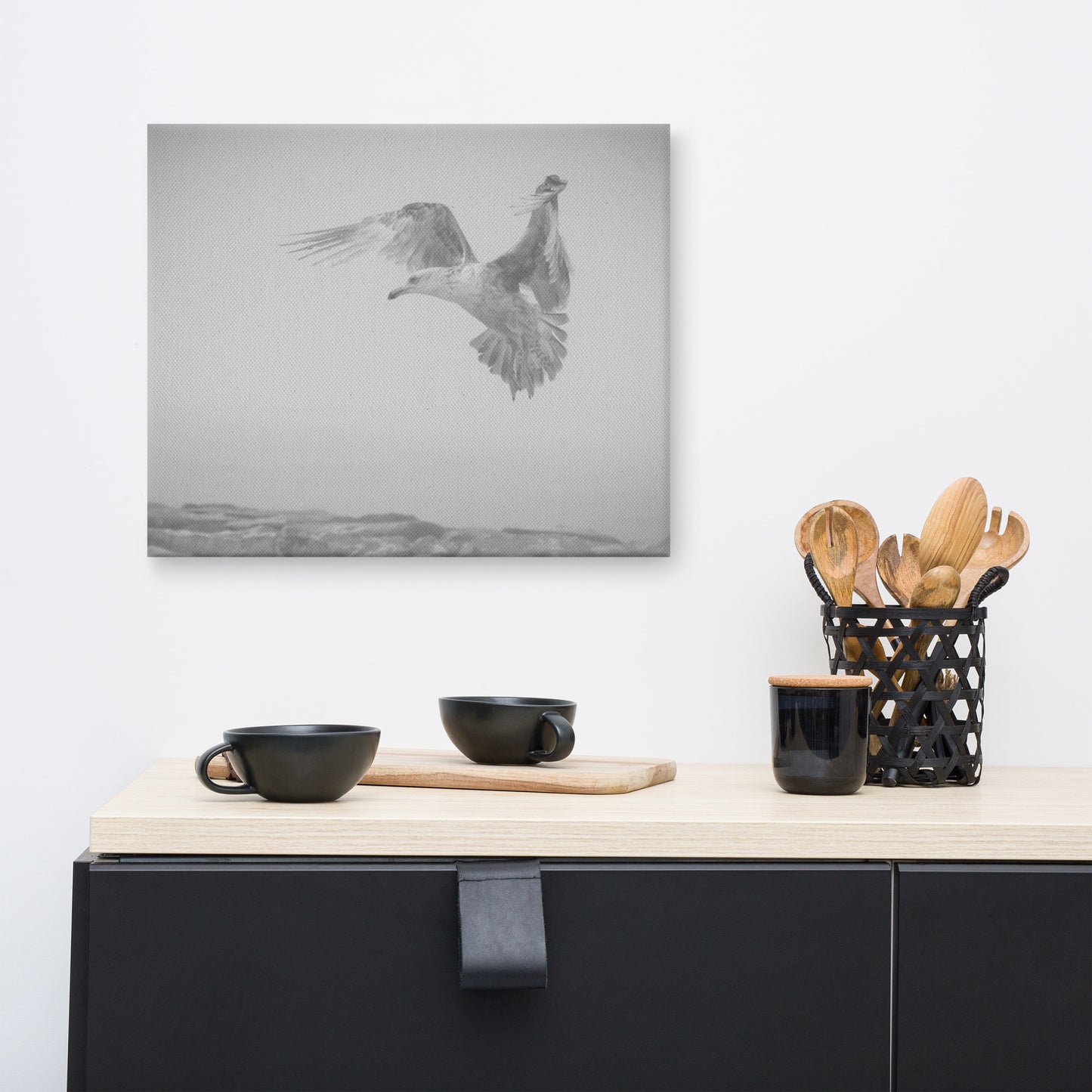 Gull in the Mist - Black and White Animal / Wildlife Photograph Canvas Wall Art Prints