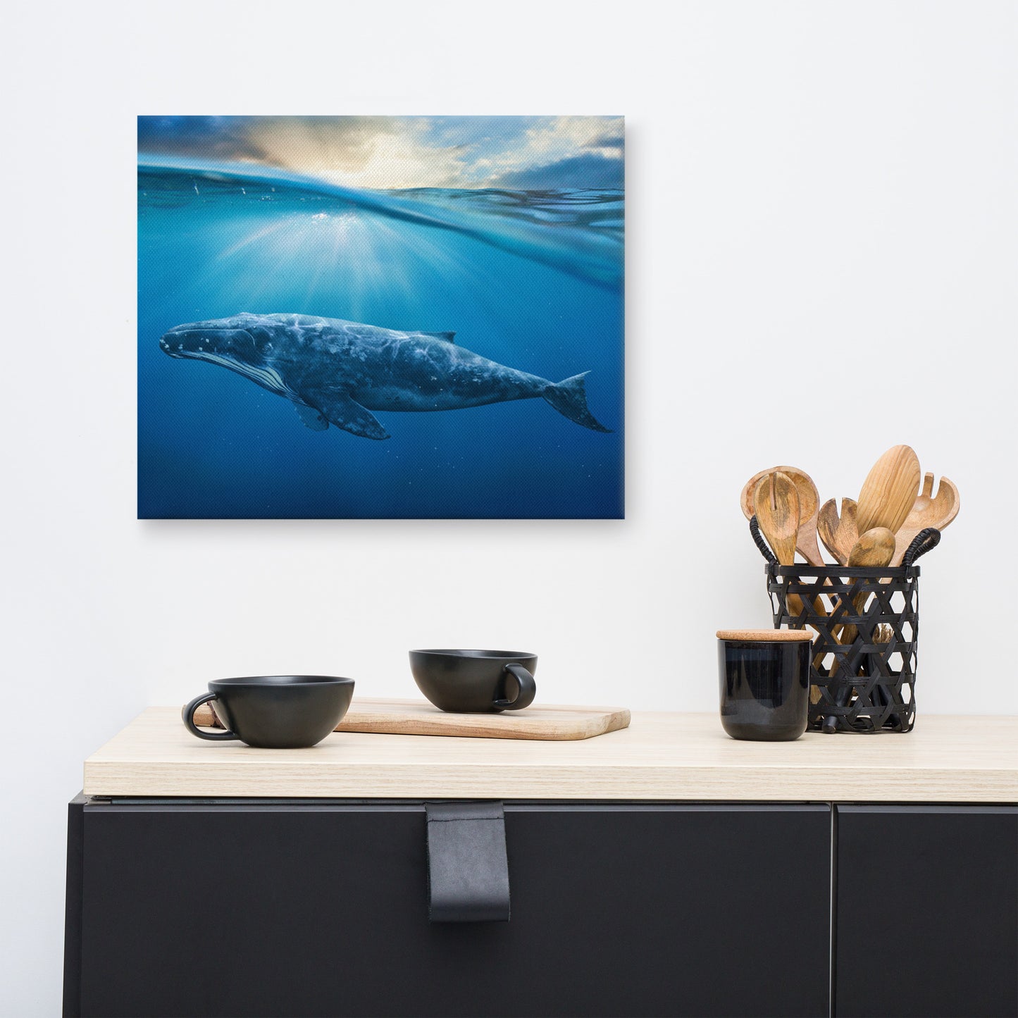 Dreamy Blue Whale Ocean Sunset Glory Rays Animal Wildlife Photograph Canvas Wall Art Print