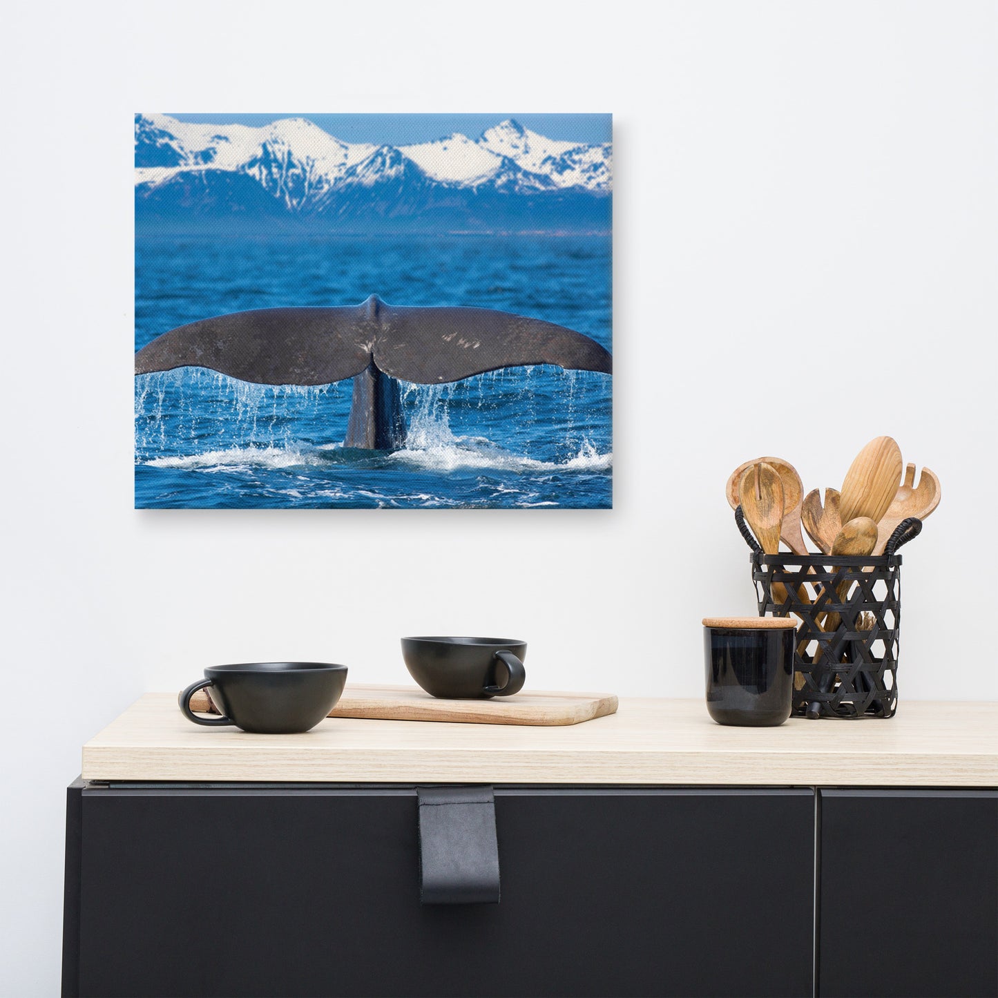 Sperm Whale Tall Splashing In Blue Water With Mountains Of Norway Animal Wildlife Photograph Canvas Wall Art Print