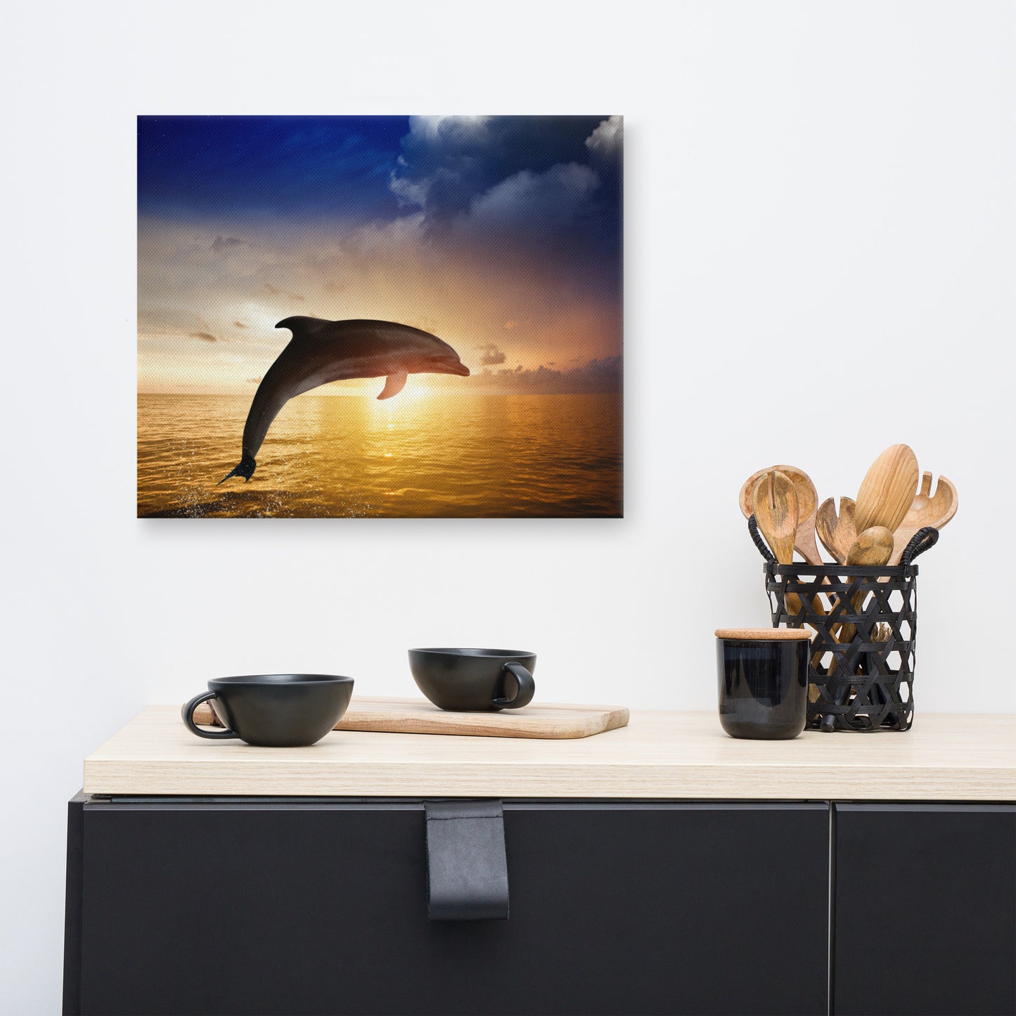 Dramatic Coastal Sunset On The Water With Jumping Bottle Noise Dolphin Animal Wildlife Photograph Canvas Wall Art Print
