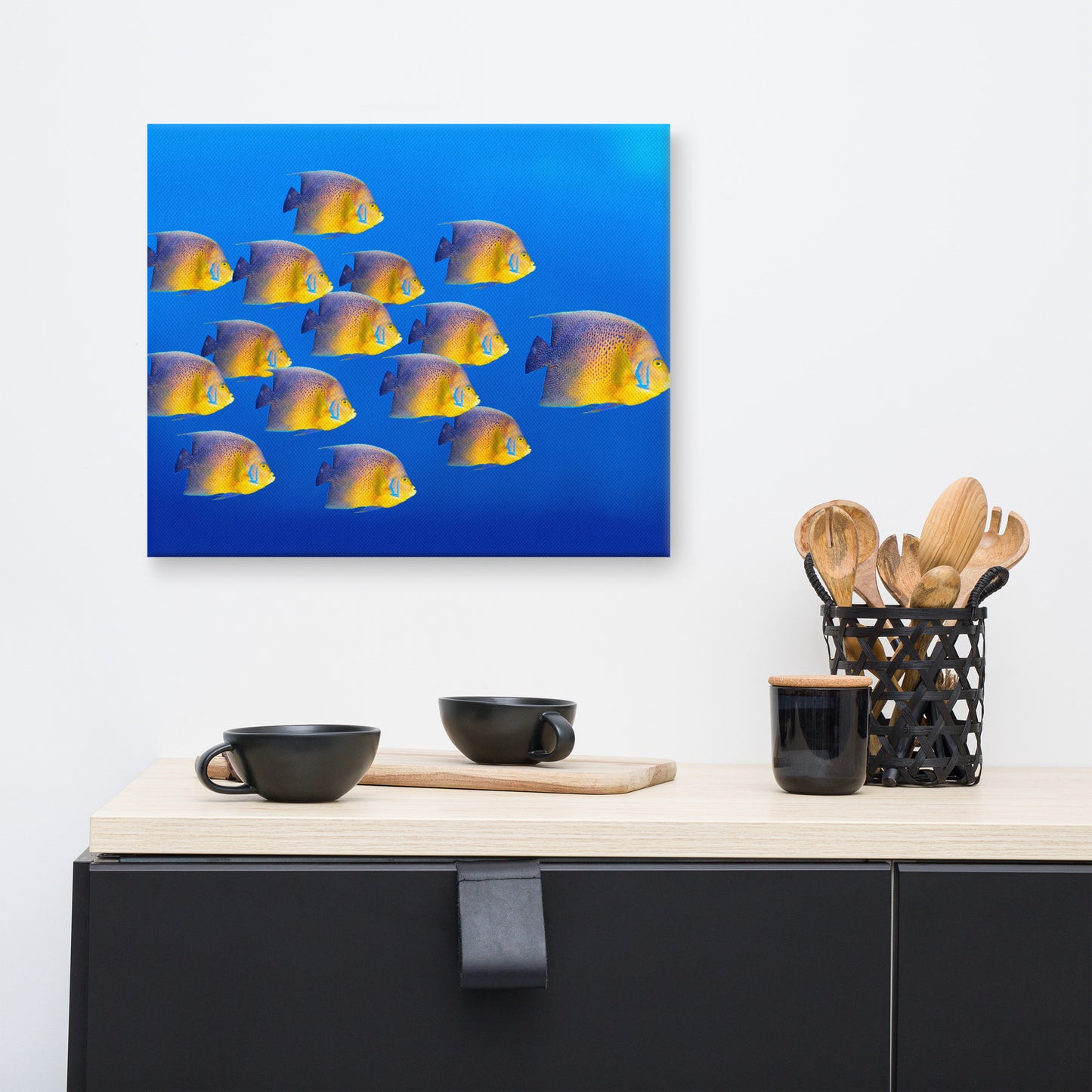 School of Tropical Coral Fish Angelfish Isolated In Blue Ocean Water Animal Wildlife Photograph Canvas Wall Art Prints