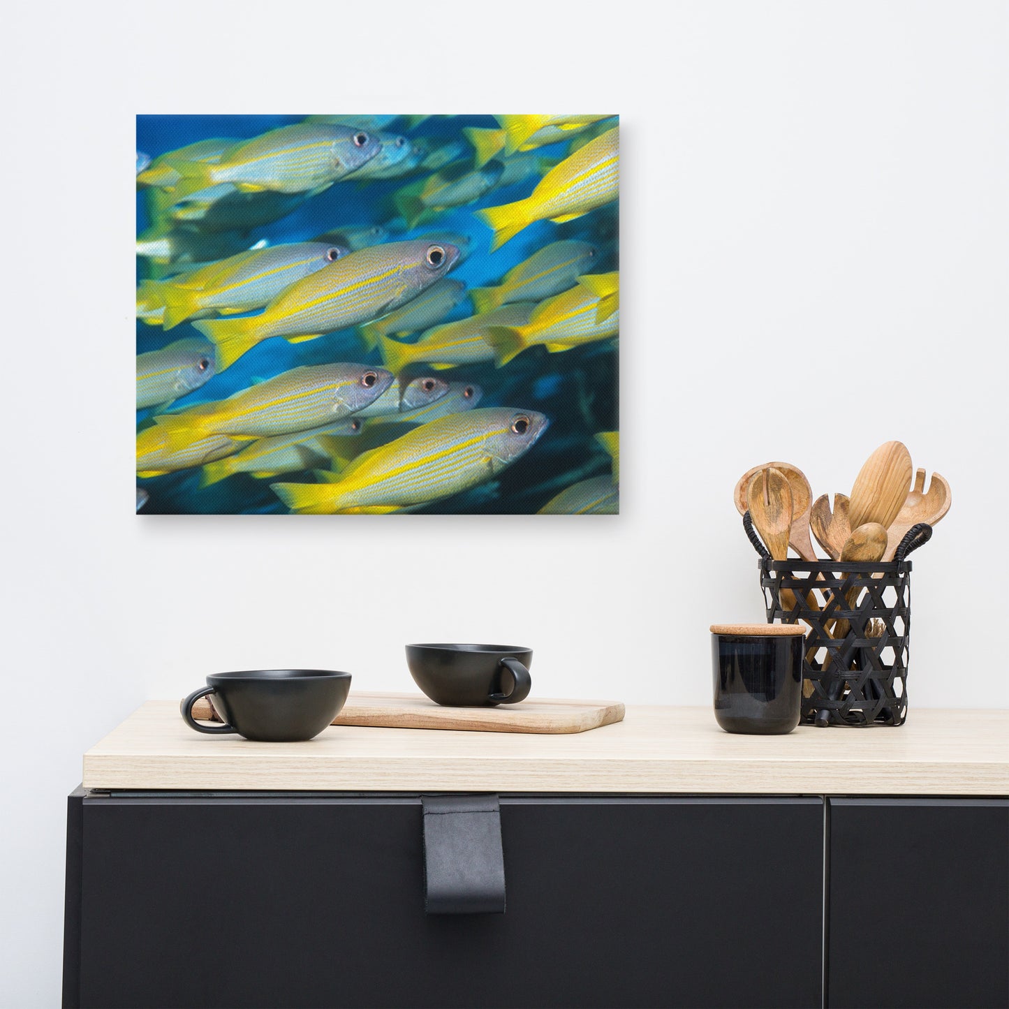 School of Yellow Tropical Fish in Blue Ocean Water Animal Wildlife Photograph Canvas Wall Art Print
