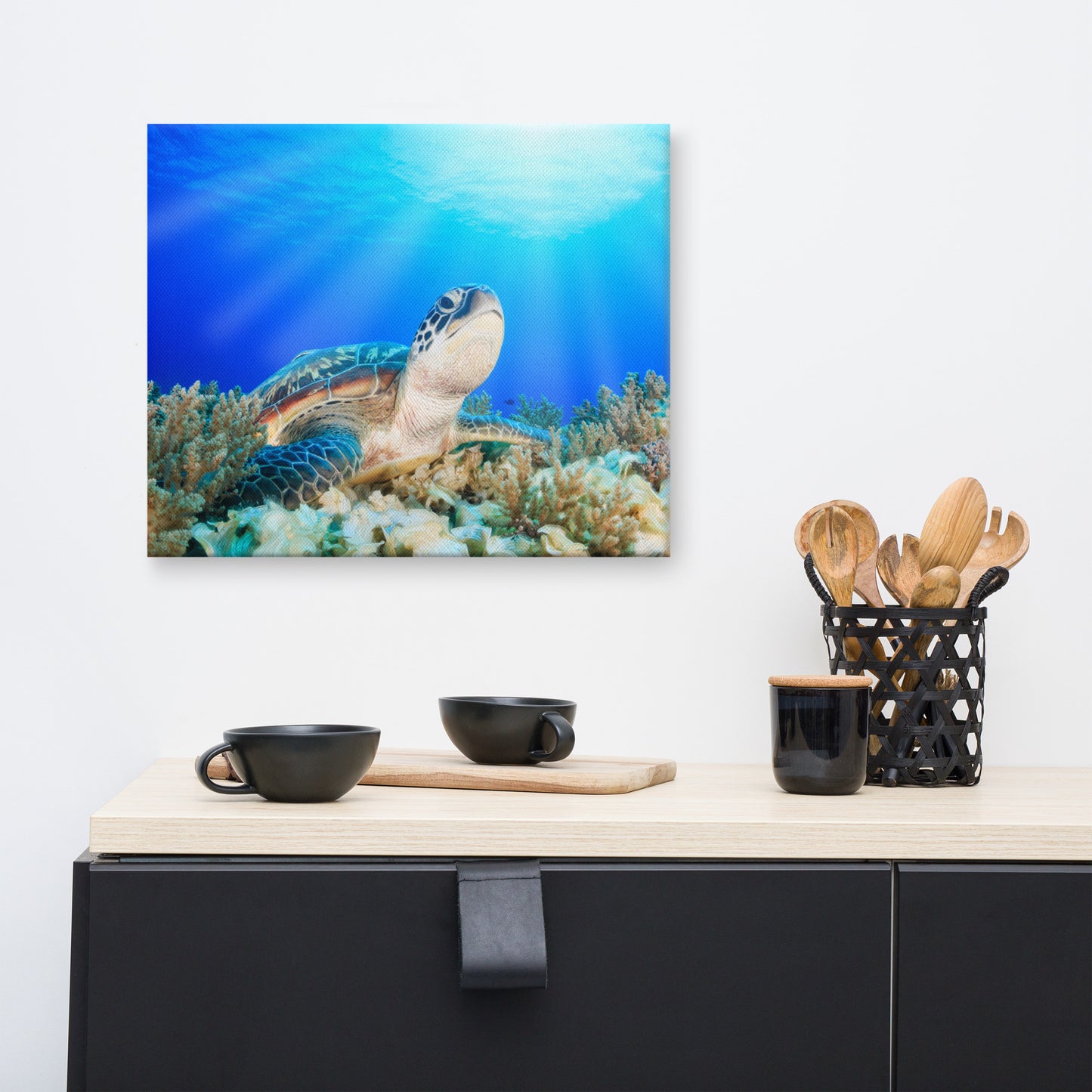 Green Sea Turtle In Tropical Coral Reef Animal Wildlife Photo Canvas Wall Art Print