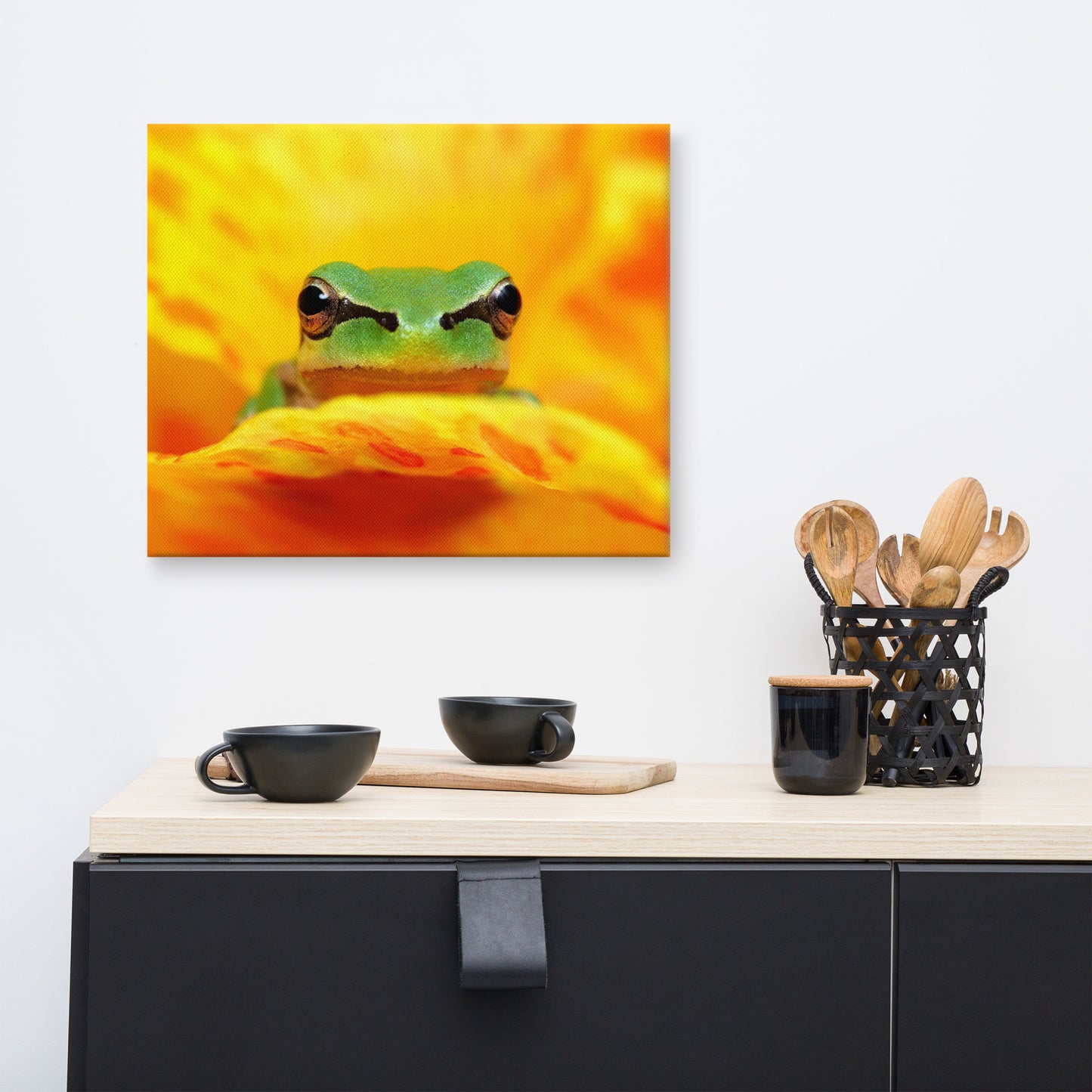 Hyla Green Frog on Yellow and Orange Flower Petals Wildlife Floral Nature Photo Canvas Wall Art Print