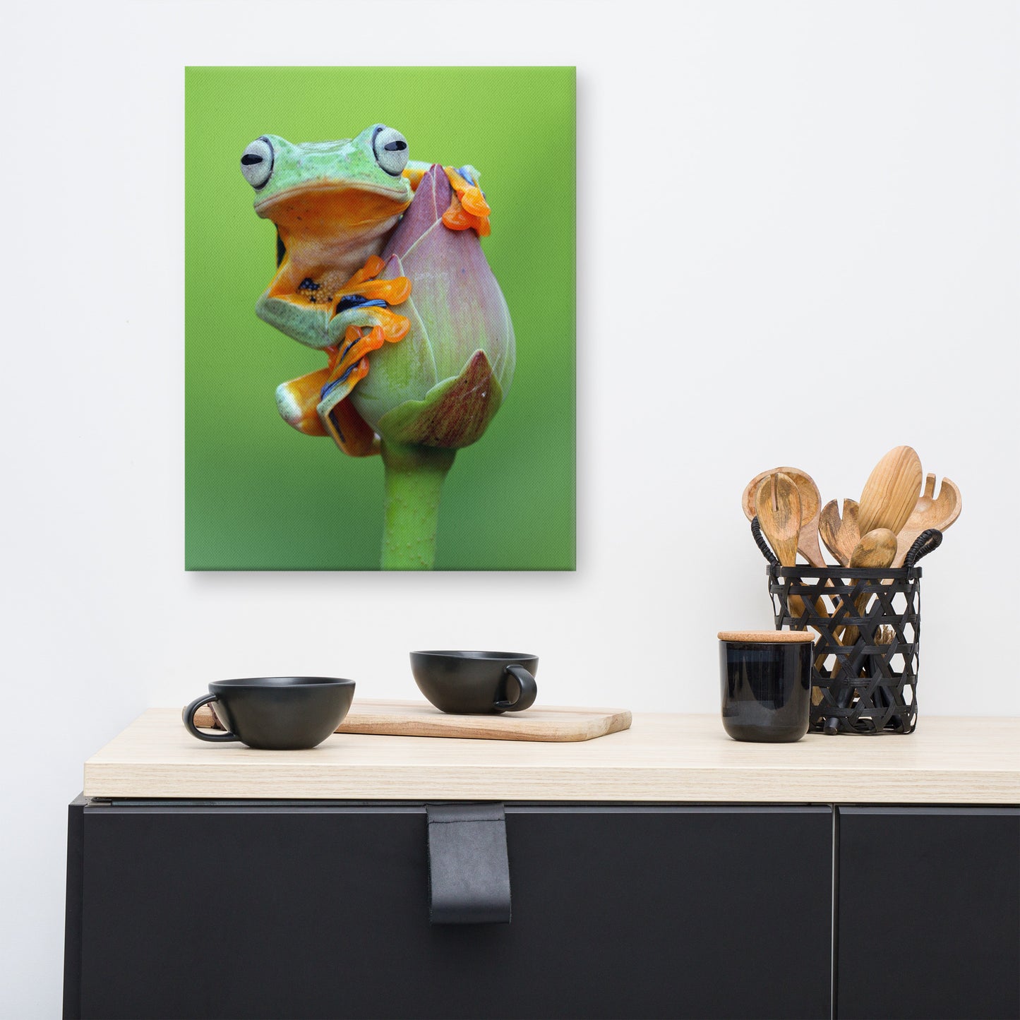 Tiny Green Tree Frog on Lotus Bloom Animal Wildlife Floral Nature Photograph Canvas Wall Art Prints
