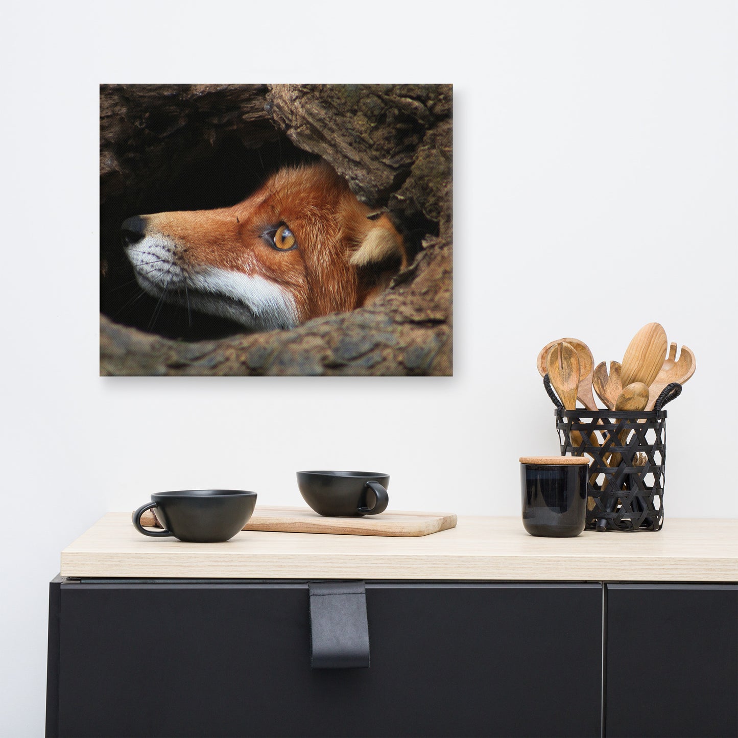 Red Fox Face in Stump Of Tree Animal Wildlife Nature Photograph Canvas Wall Art Prints