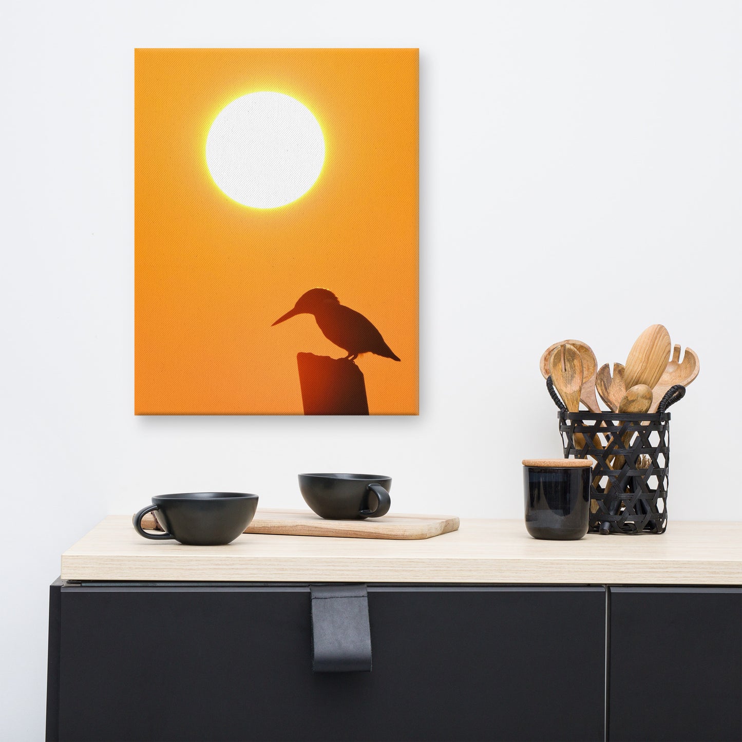Kingfisher Bird Silhouette on Perch At Sunset Animal Wildlife Nature Photograph Canvas Wall Art Prints