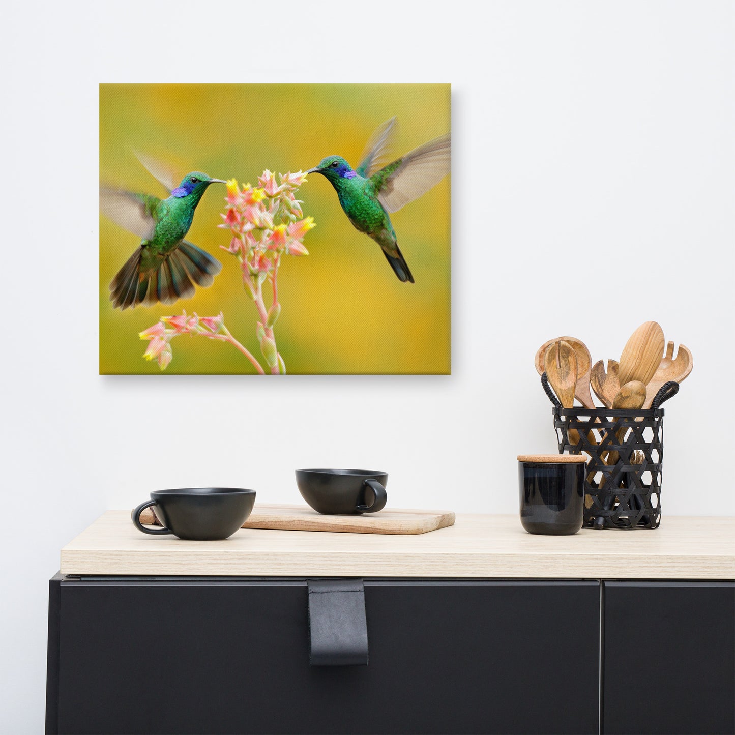 Hummingbirds with Little Pink Flowers Animal / Wildlife Floral Photo Canvas Wall Art Prints