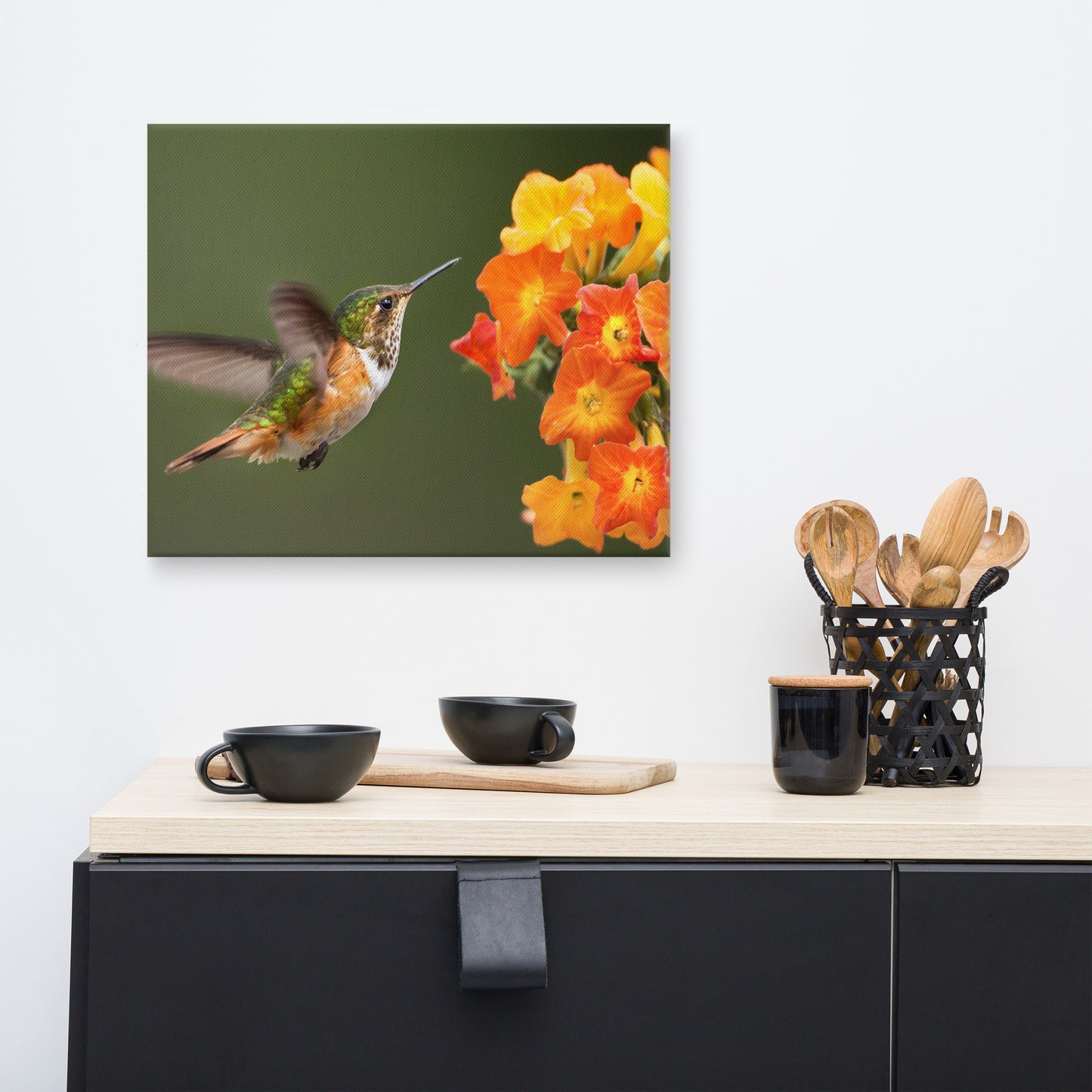 Hummingbird with Little Yellow-Orange Flowers Animal Wildlife Floral Photograph Canvas Wall Art Prints
