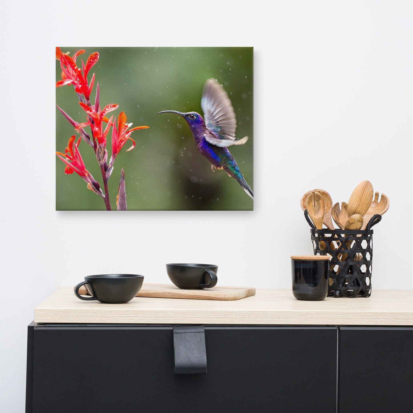 Hummingbird with Little Red Flowers Animal Wildlife Floral Photograph Canvas Wall Art Prints