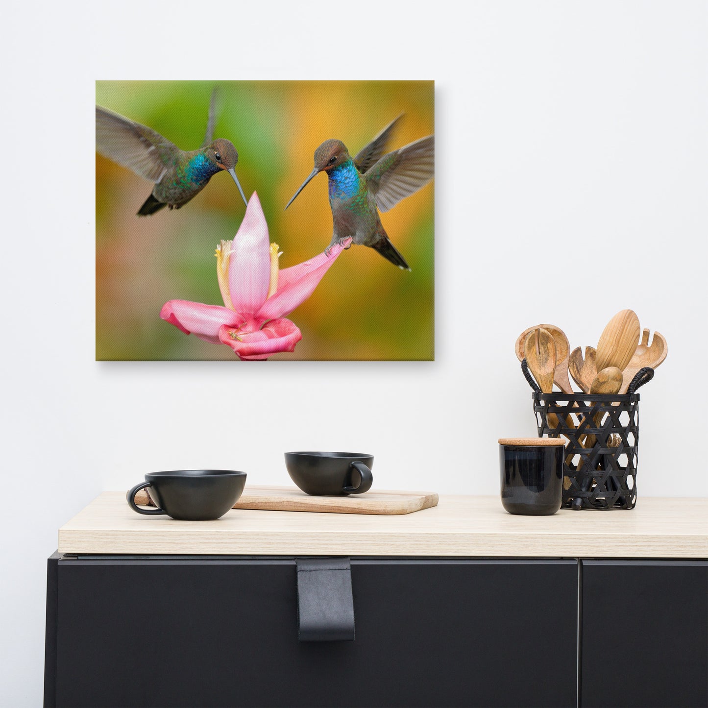 Hummingbirds with Pink Flower Bloom Animal Wildlife Floral Photograph Canvas Wall Art Print