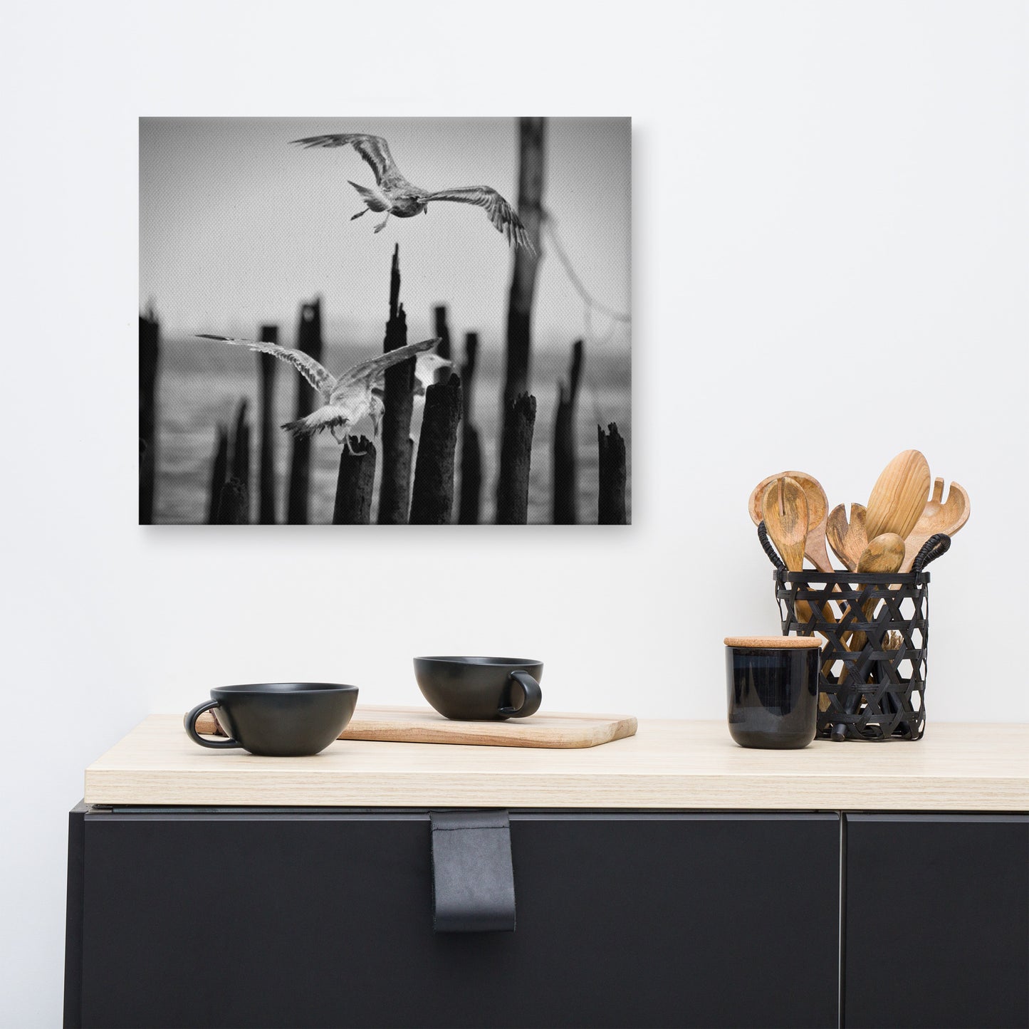 Flying Sea Gull in Black and White Animal / Wildlife Photograph Canvas Wall Art Prints