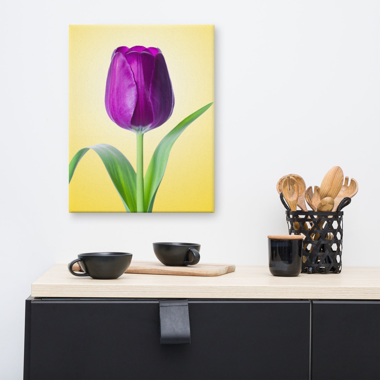 Purple Tulip on Yellow Minimal Floral Botanical Nature Photo Canvas Wall Art Print