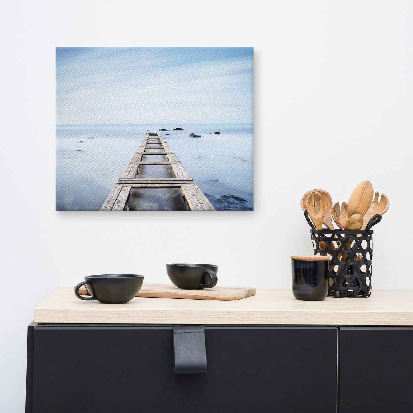 Moody Ocean and Sky Wooden Pier Landscape Photo Canvas Wall Art Prints