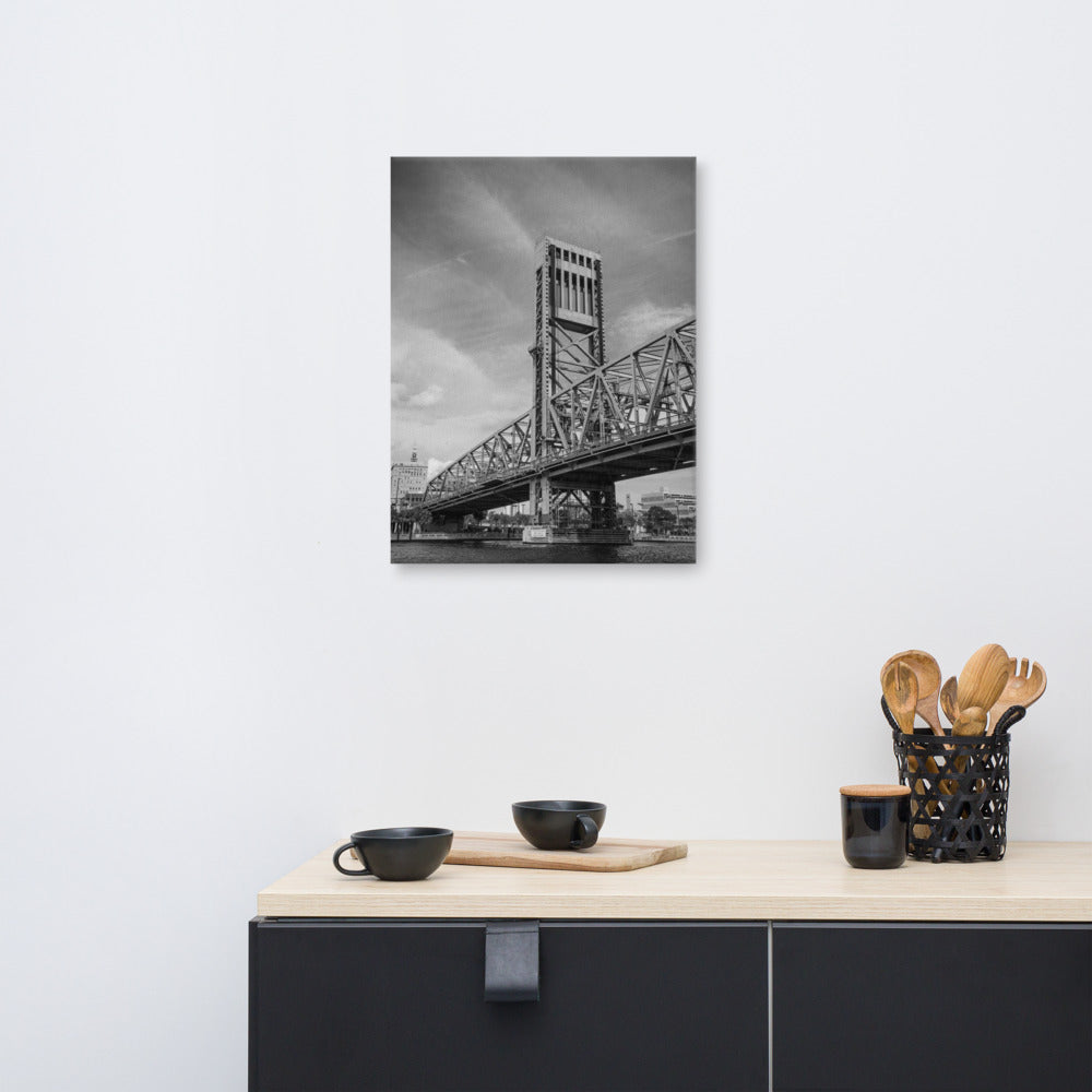 Large Urban Wall Art: Lift Bridge of Jacksonville Florida Black and White Urban Landscape Photo Canvas Wall Art Print