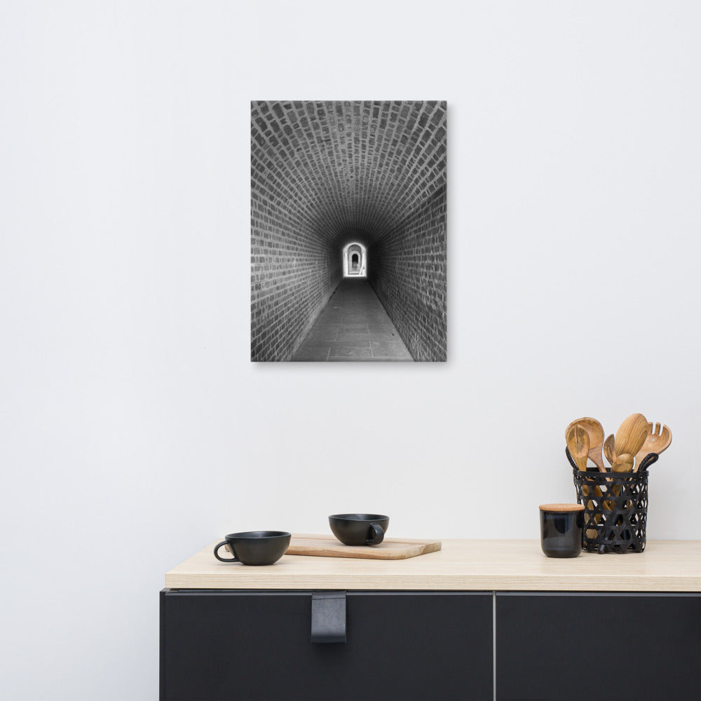 Vintage Industrial Wall Decor: Fort Clinch Tunnel Black and White Photo Canvas Wall Art Print