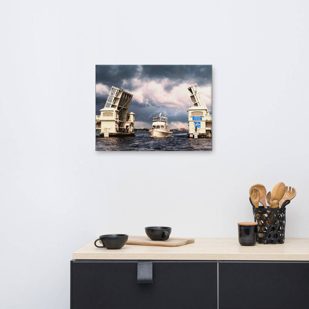 Beach Art Canvas Prints: Stormy Drawbridge and Boat Racing Towards the Sun Coastal Landscape Photograph Canvas Wall Art Print