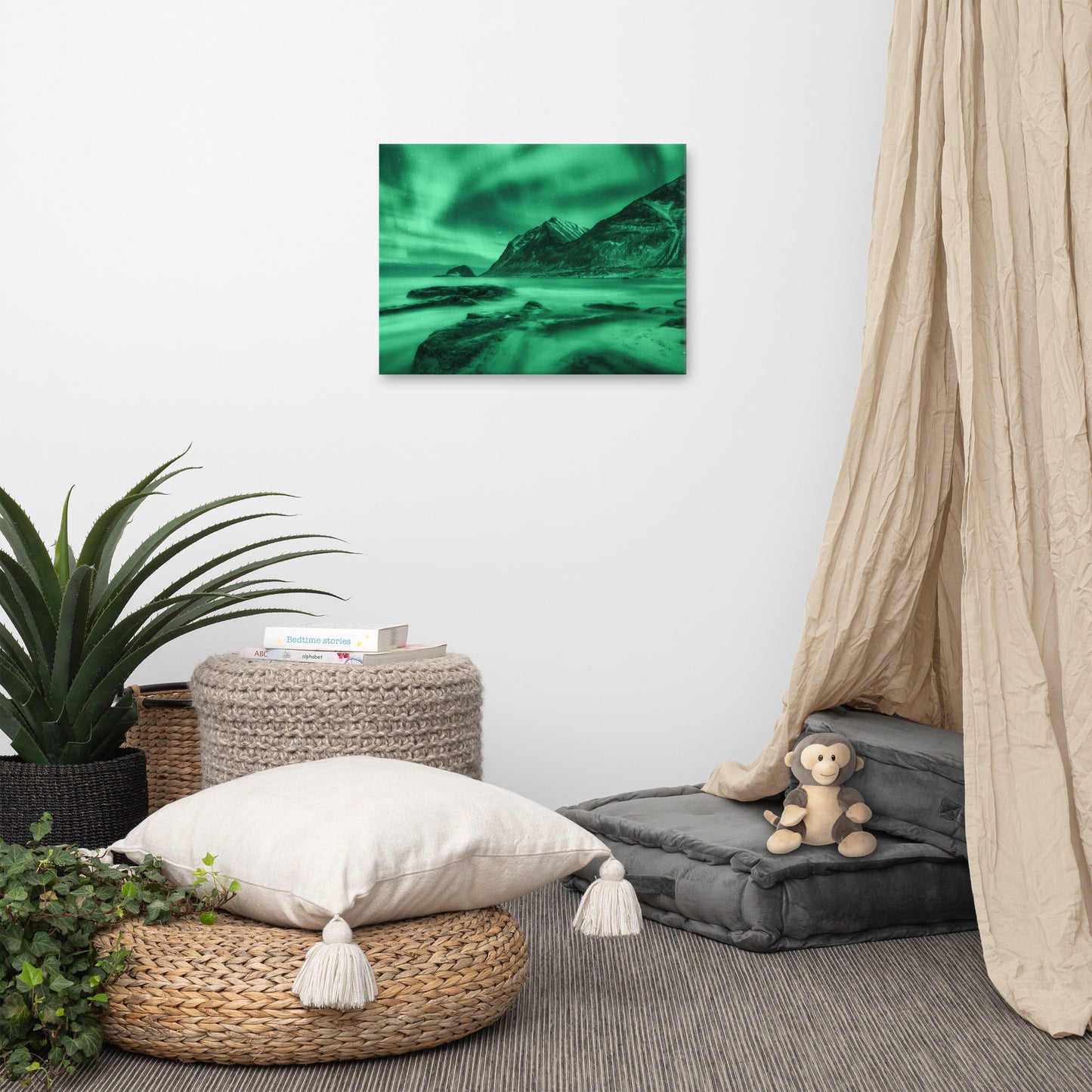 Green Northern Lights and Mountain Coast Lofoten islands, Norway Landscape Photo Canvas Wall Art Prints