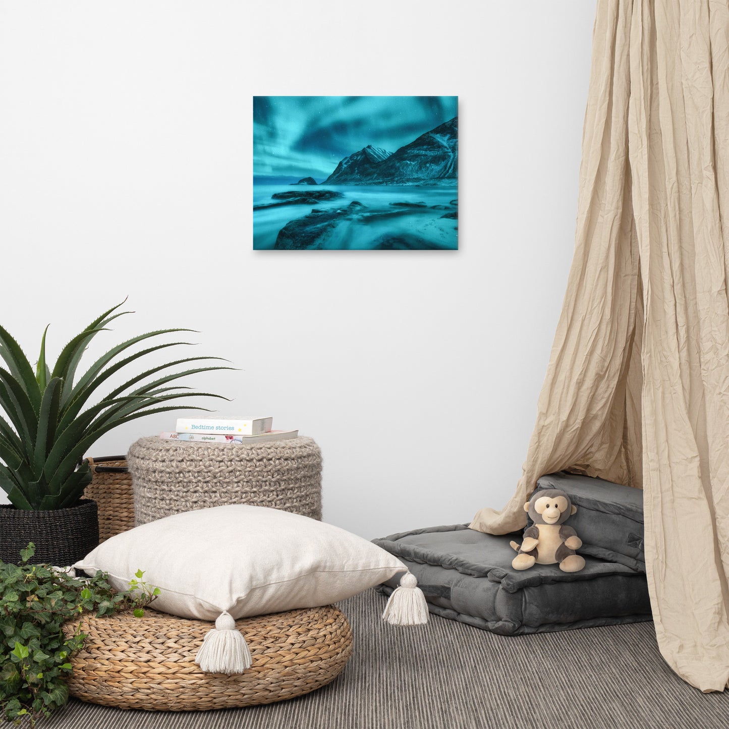 Blue Northern Lights and Mountain Coast Lofoten islands, Norway Landscape Photo Canvas Wall Art Prints