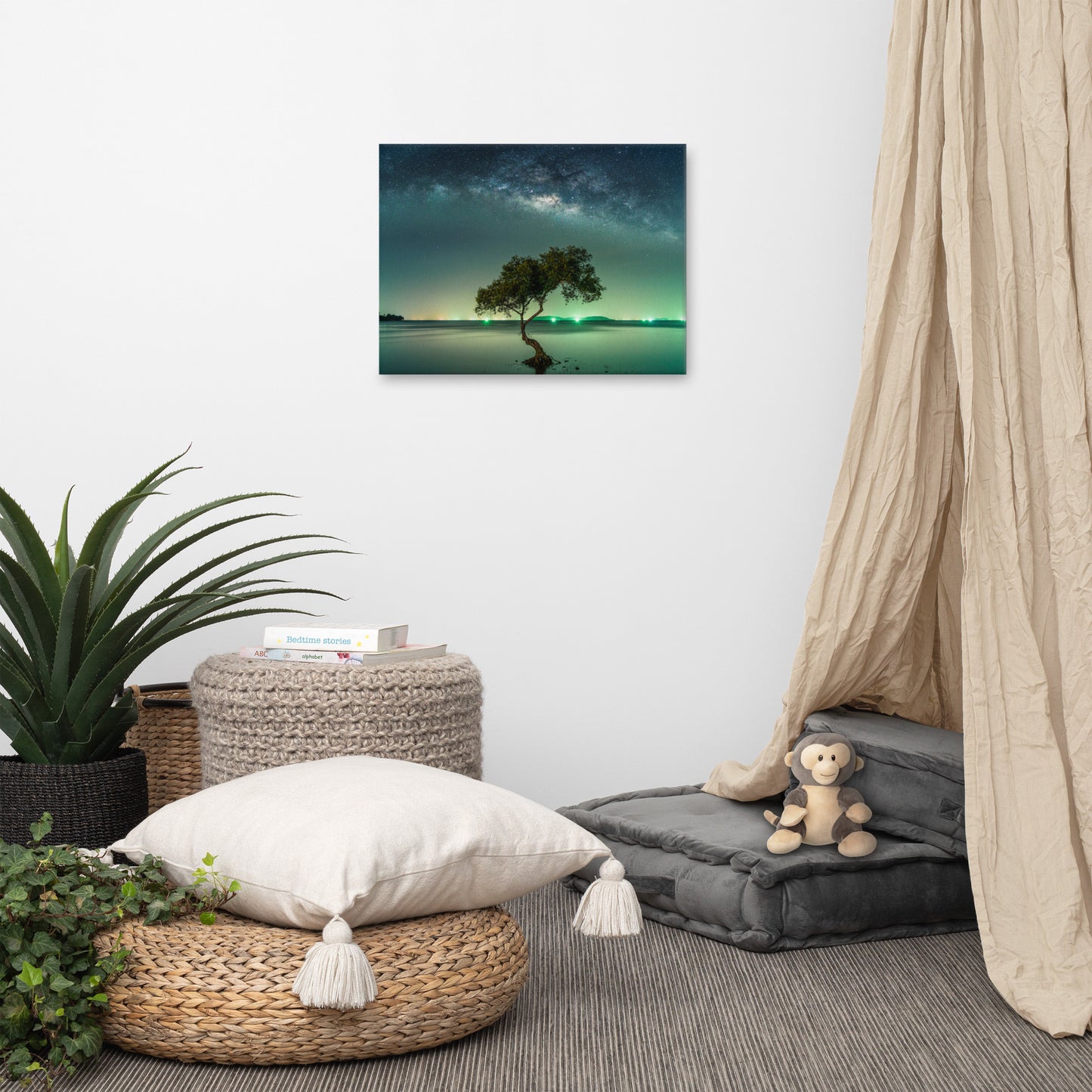 Glowing Milky Way Galaxy with Tree Landscape Photo Canvas Wall Art Prints