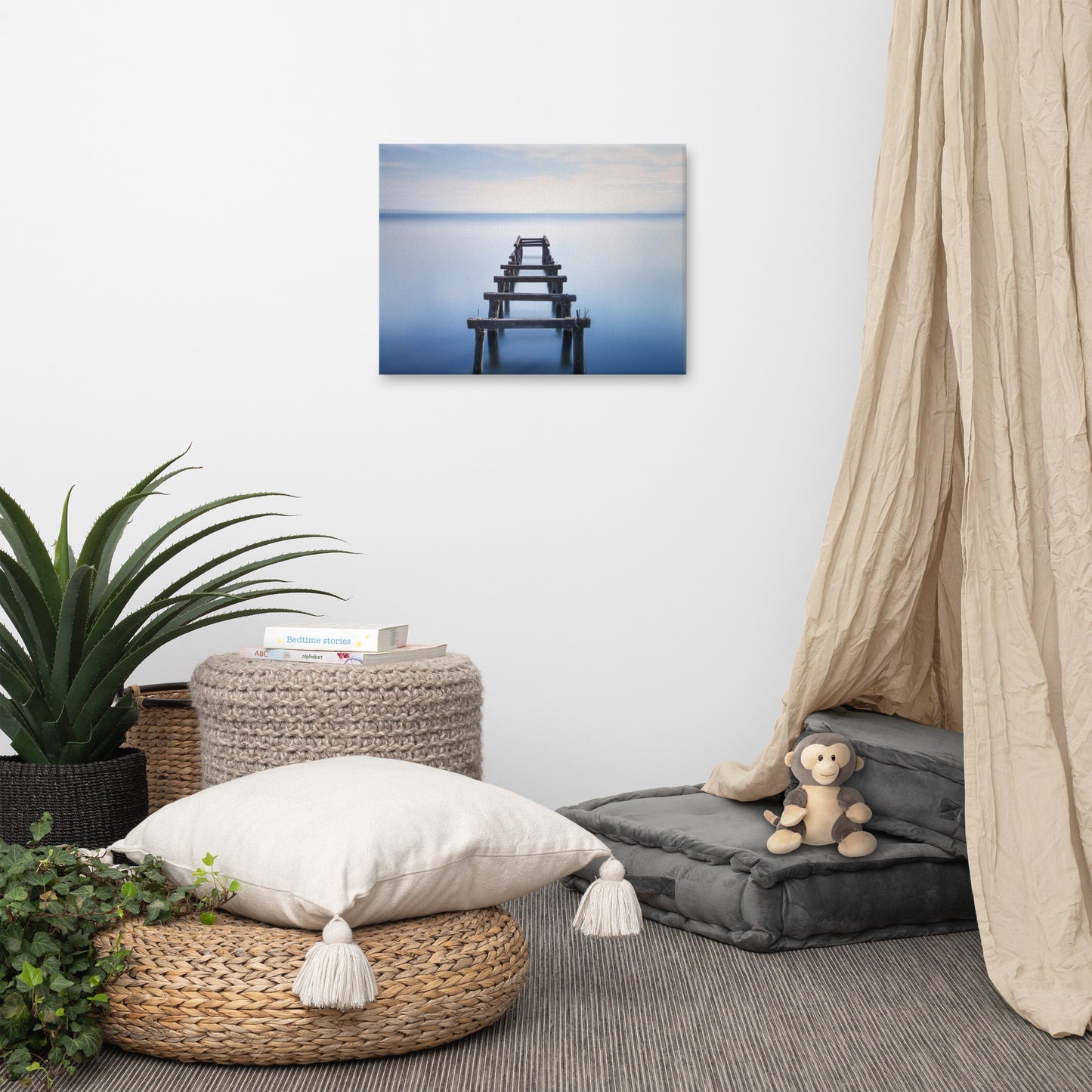 Soft Blue Lake and Abandoned Pier Landscape Photo Canvas Wall Art Prints