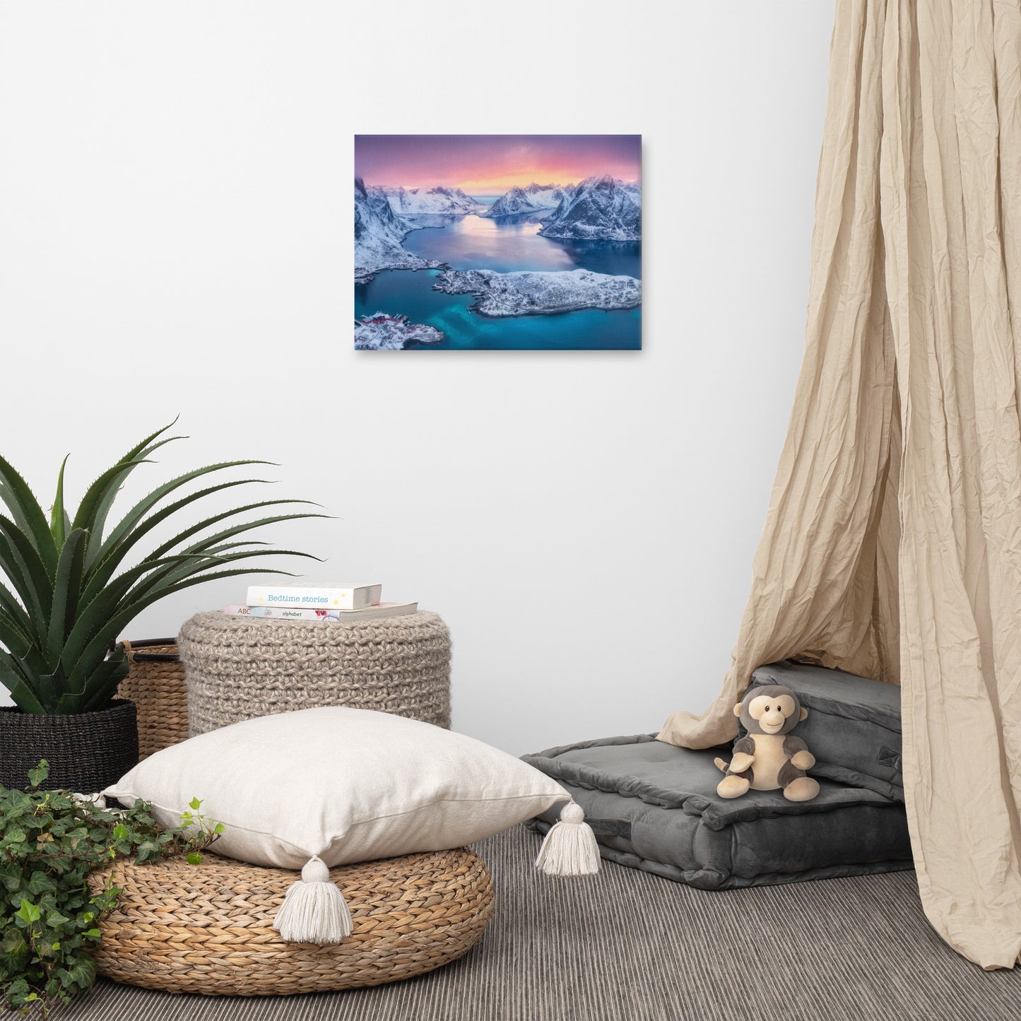 Reine at Winter Sunset Icy Mountain Landscape Photo Canvas Wall Art Prints