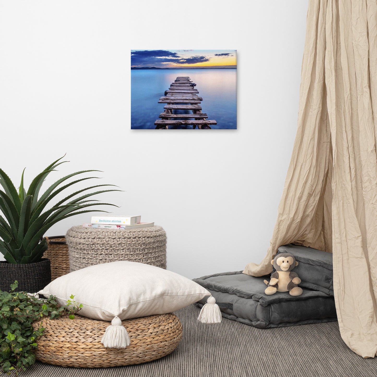 Old Weathered Lake Pier at Sunset Landscape Photo Canvas Wall Art Prints