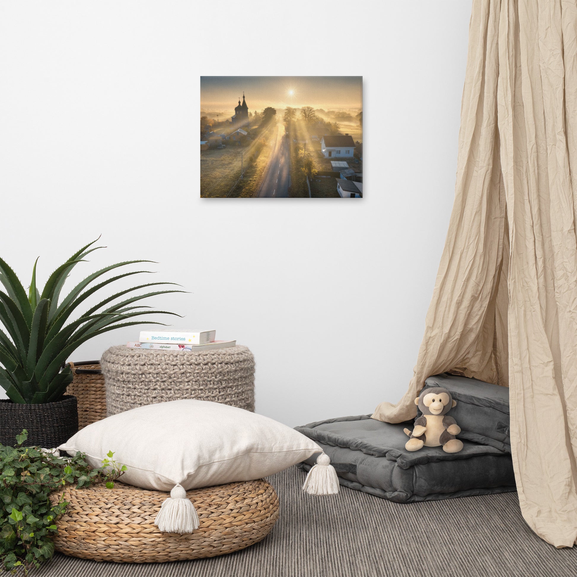 Misty Rural Town Sunrise in Autumn with Glory Rays Landscape Photo Canvas Wall Art Prints