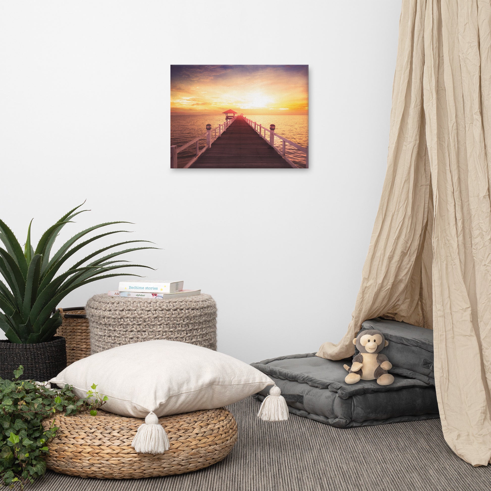 Surreal Wooden Pier at Sunset with Shadow and Summer Heat Effect Landscape Photo Canvas Wall Art Prints