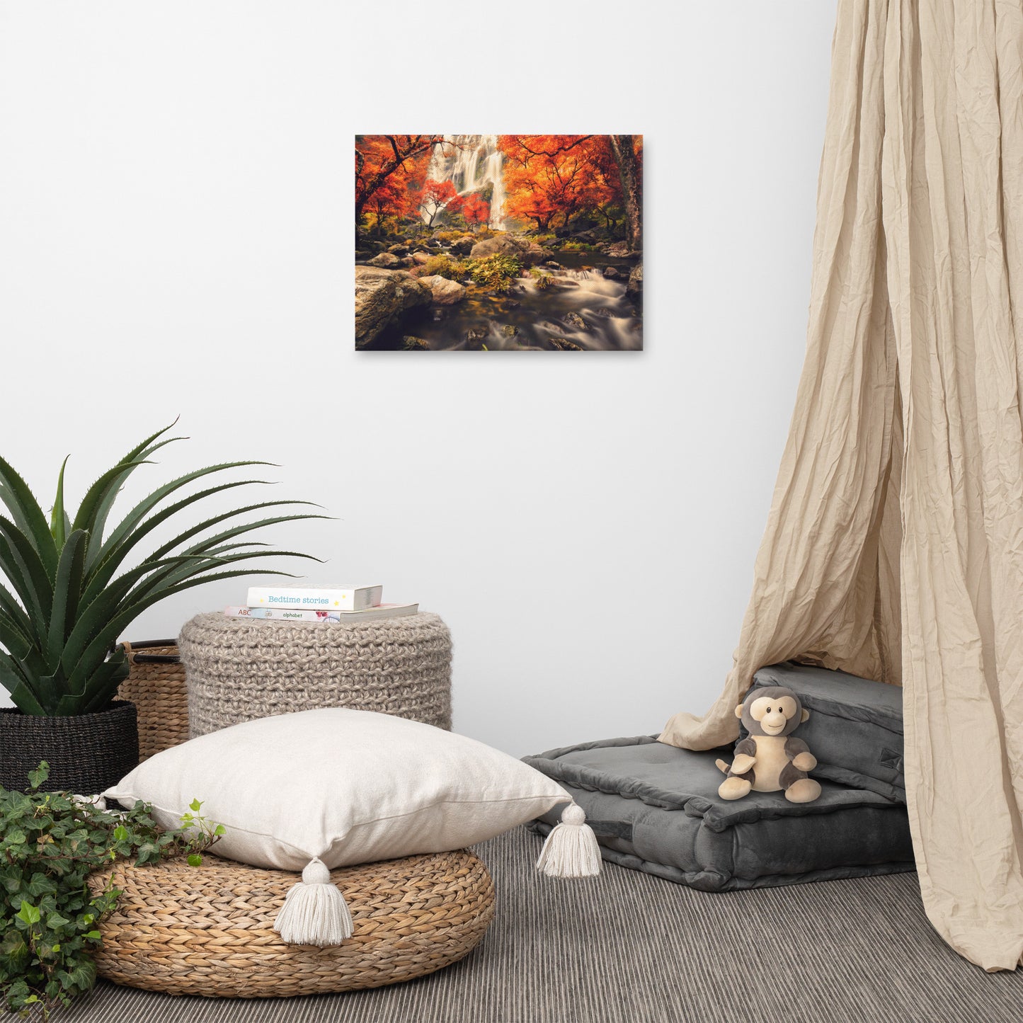 Waterfall in the Autumn with Golden Shadow Effect Landscape Photo Canvas Wall Art Prints