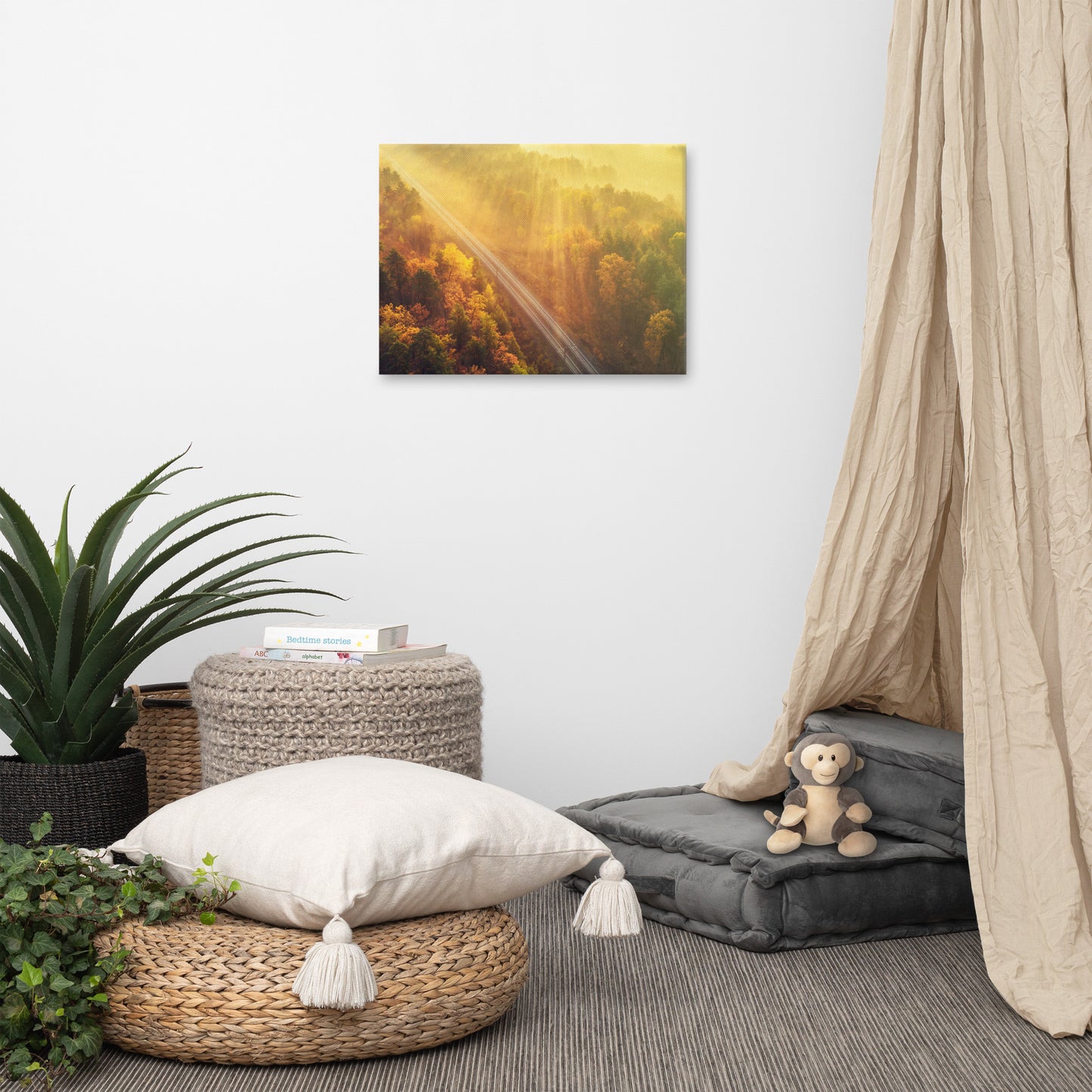 Sunrise Railroad Though Misty Forest With Golden Haze Effect Landscape Photo Canvas Wall Art Prints