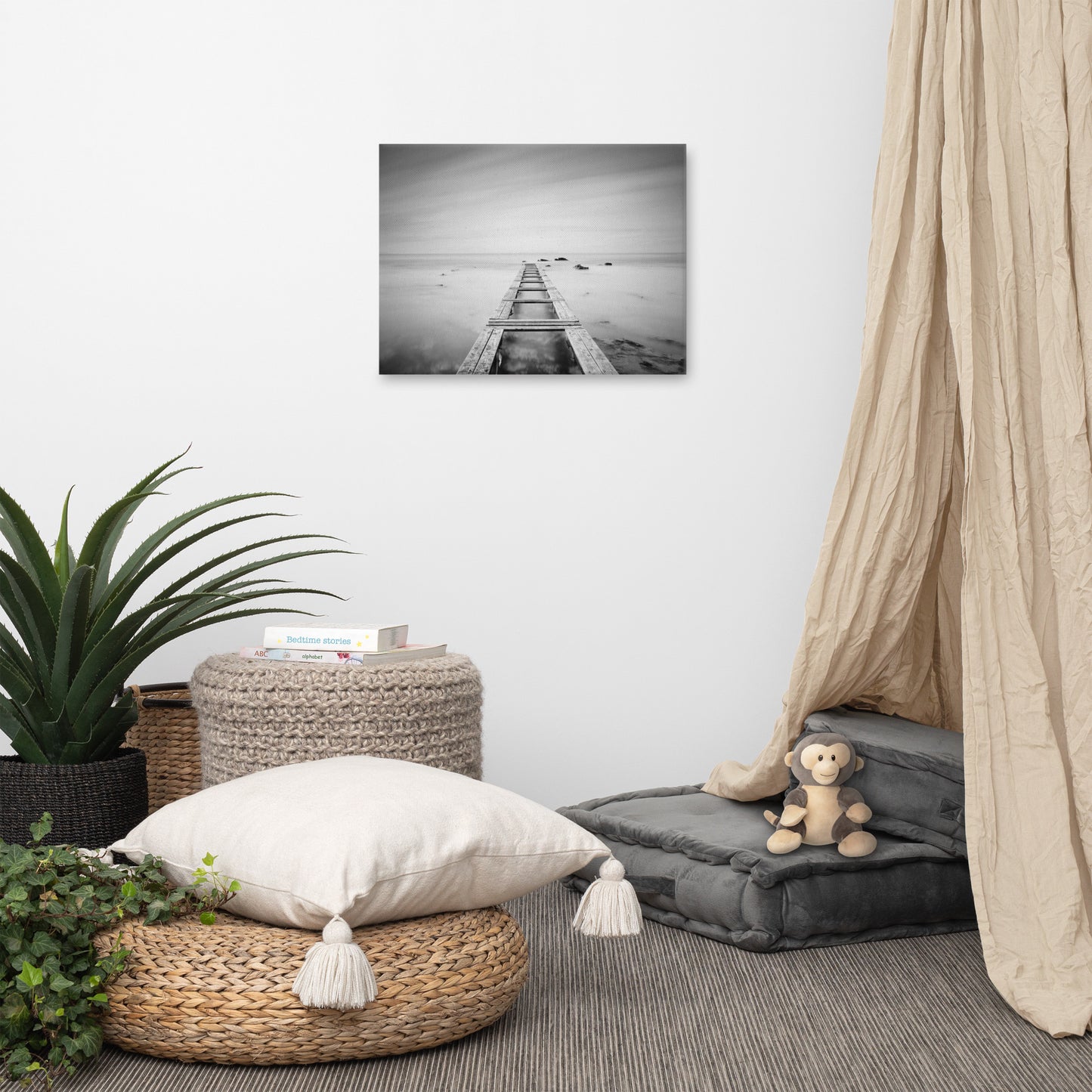Moody Ocean and Sky Wooden Pier Landscape Photo Canvas Wall Art Prints